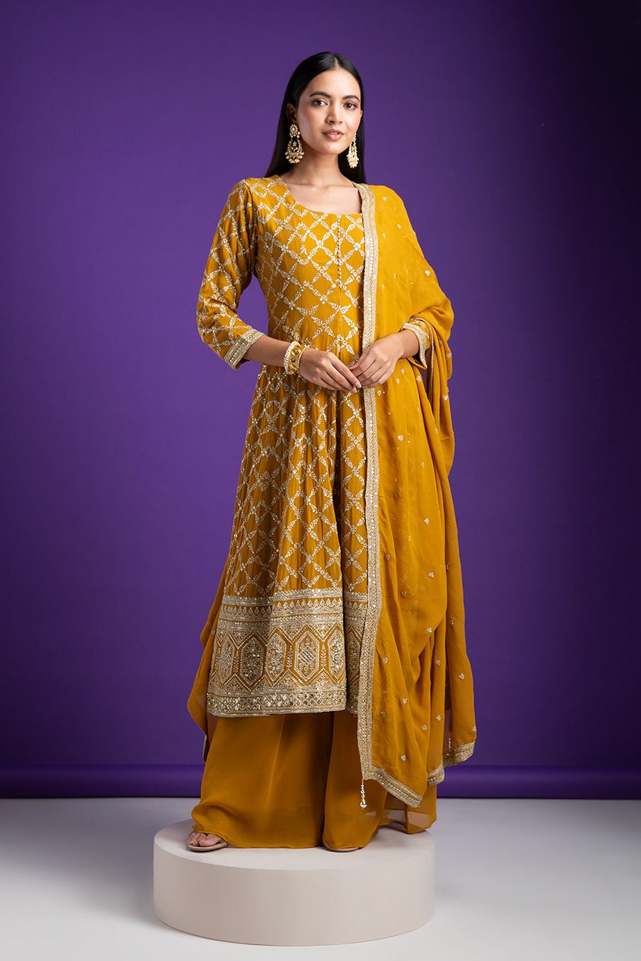 Mustard Yellow Georgette Embroidered Suit Set - Mokshaa