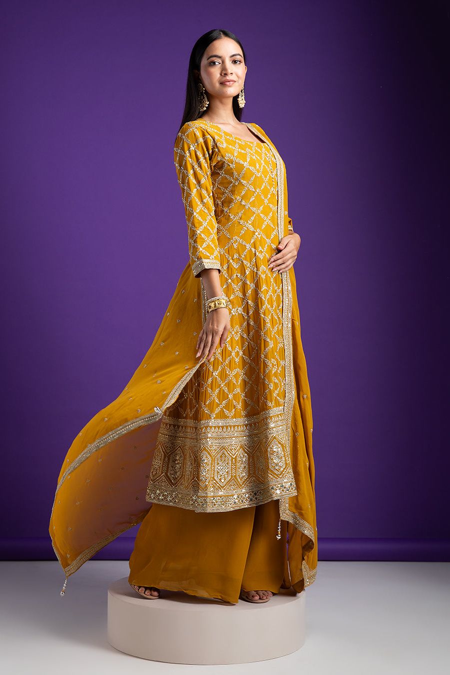 Mustard Yellow Georgette Embroidered Suit Set - Mokshaa