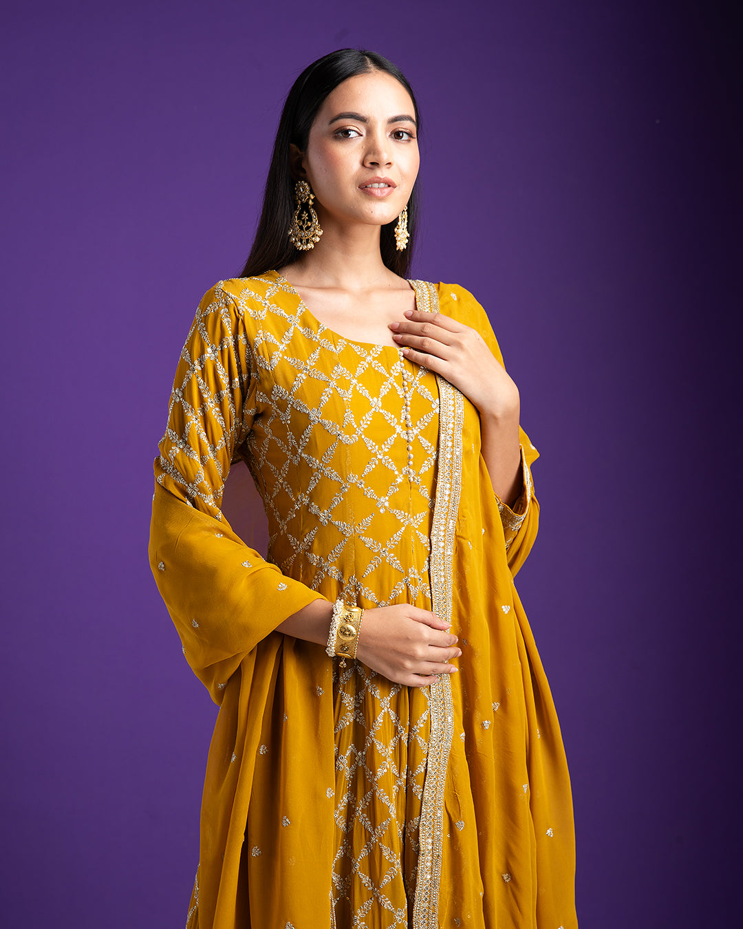 Mustard Yellow Georgette Embroidered Suit Set - Mokshaa