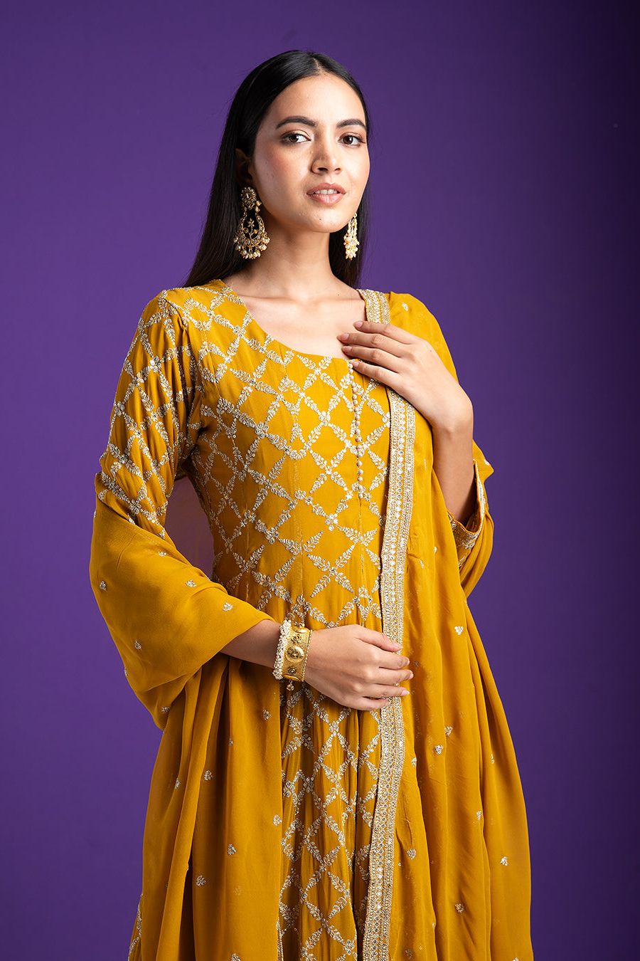 Mustard Yellow Georgette Embroidered Suit Set - Mokshaa