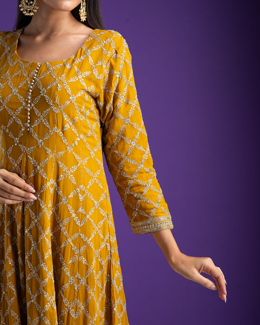 Mustard Yellow Georgette Embroidered Suit Set - Mokshaa