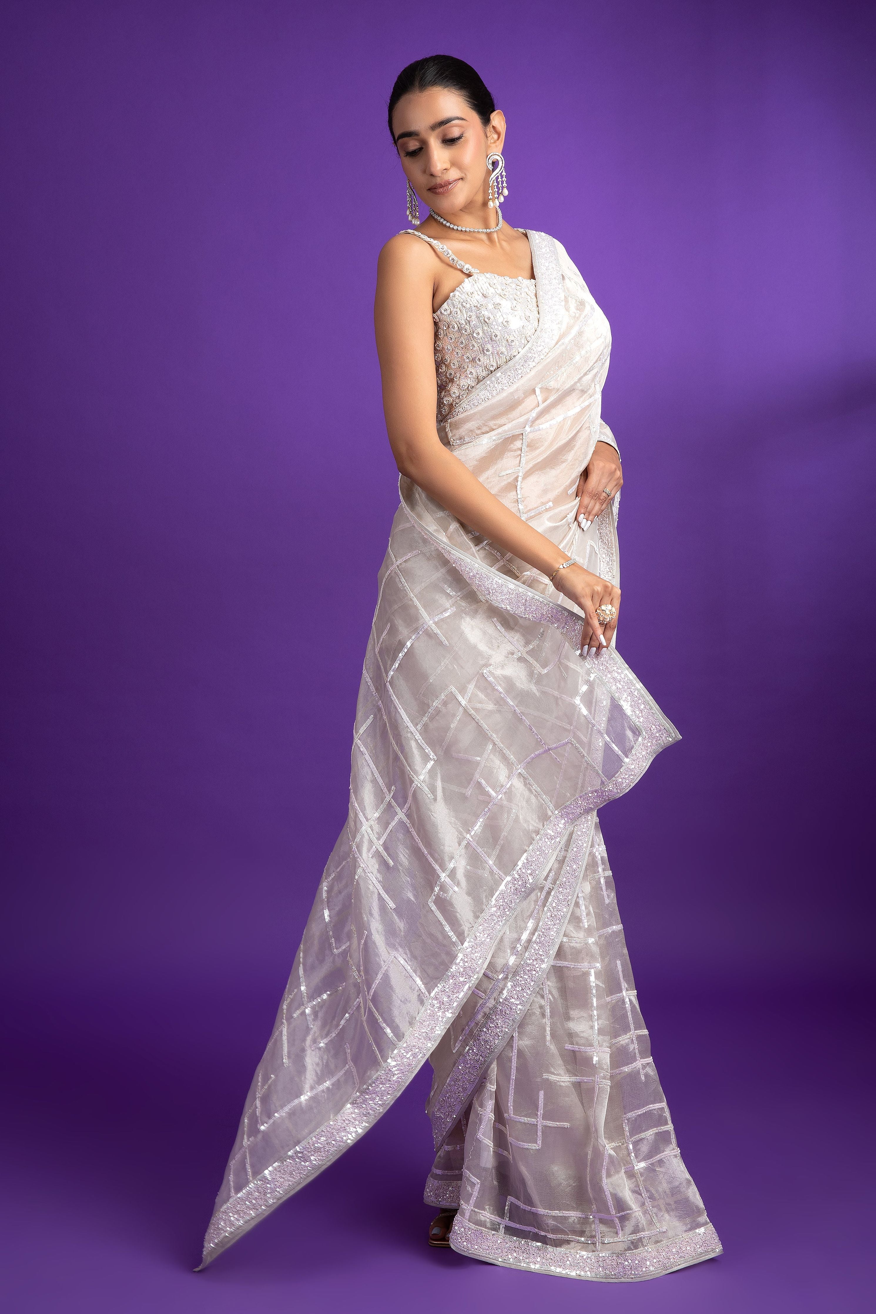 Soft Grey Organza Saree with Geometric Pattern - Mokshaa