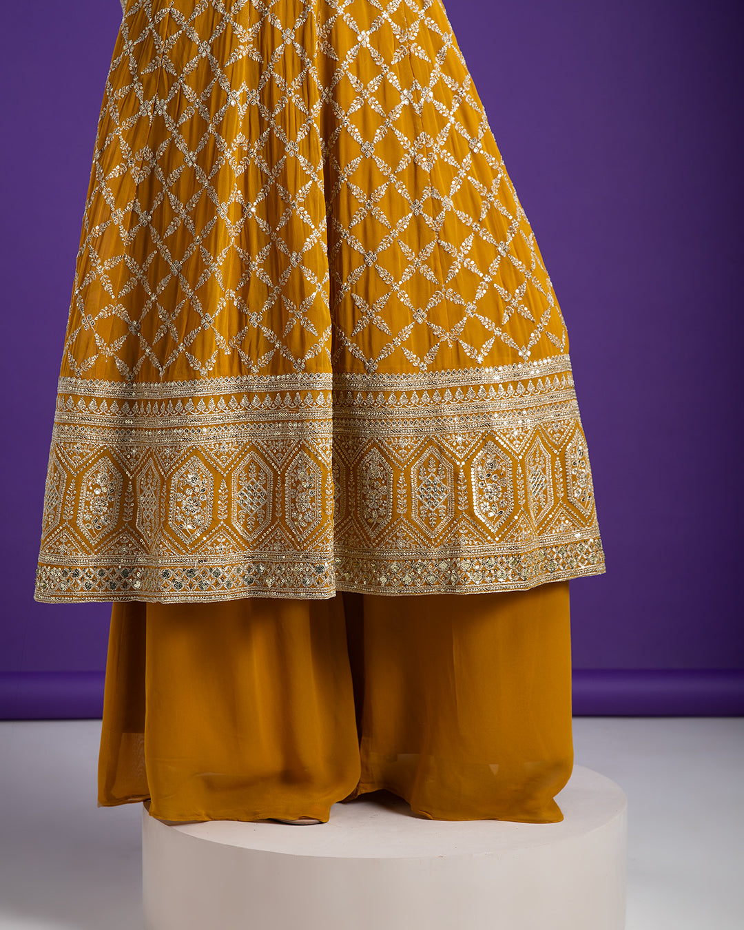 Mustard Yellow Georgette Embroidered Suit Set - Mokshaa