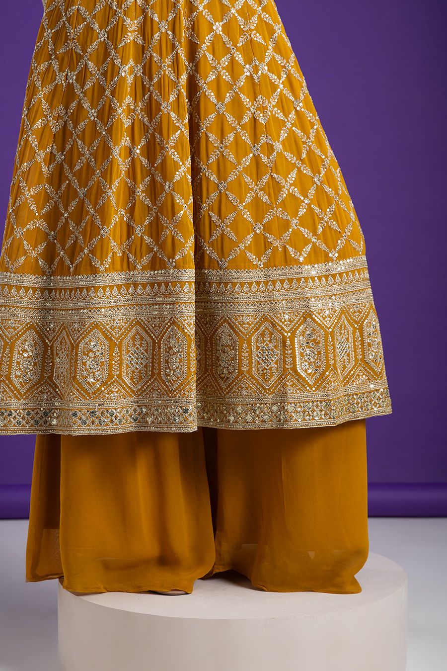 Mustard Yellow Georgette Embroidered Suit Set - Mokshaa