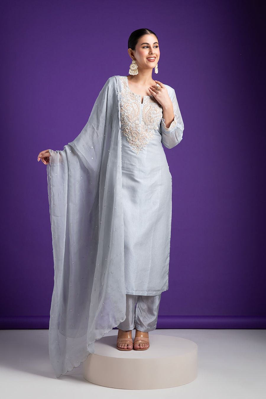 Serene Grey Kurta Set with Embellished Neckline - Mokshaa