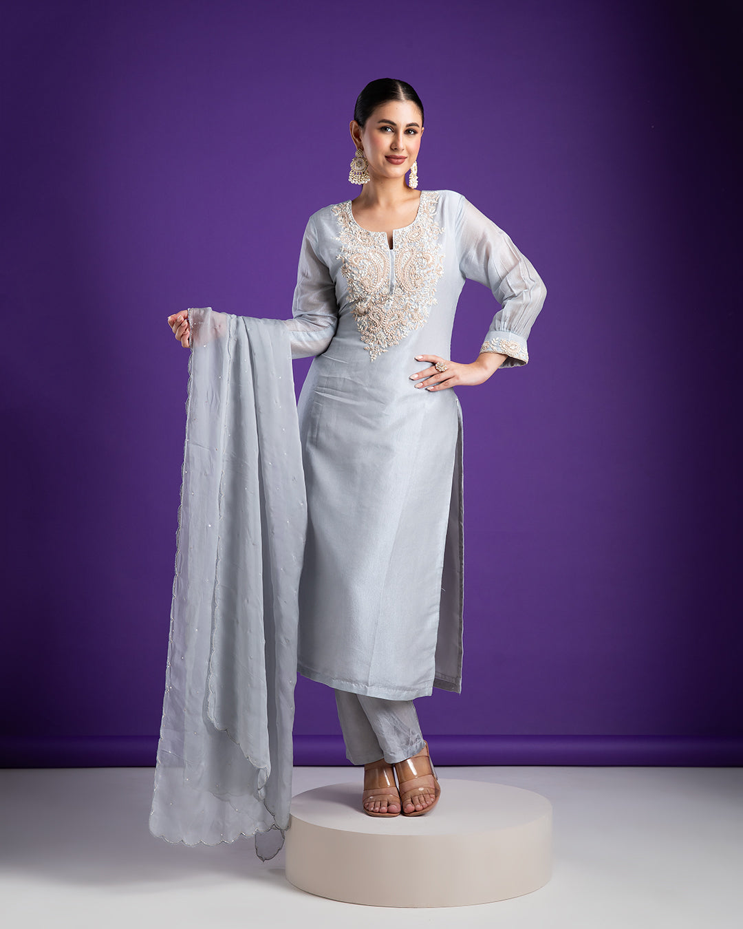 Serene Grey Kurta Set with Embellished Neckline - Mokshaa