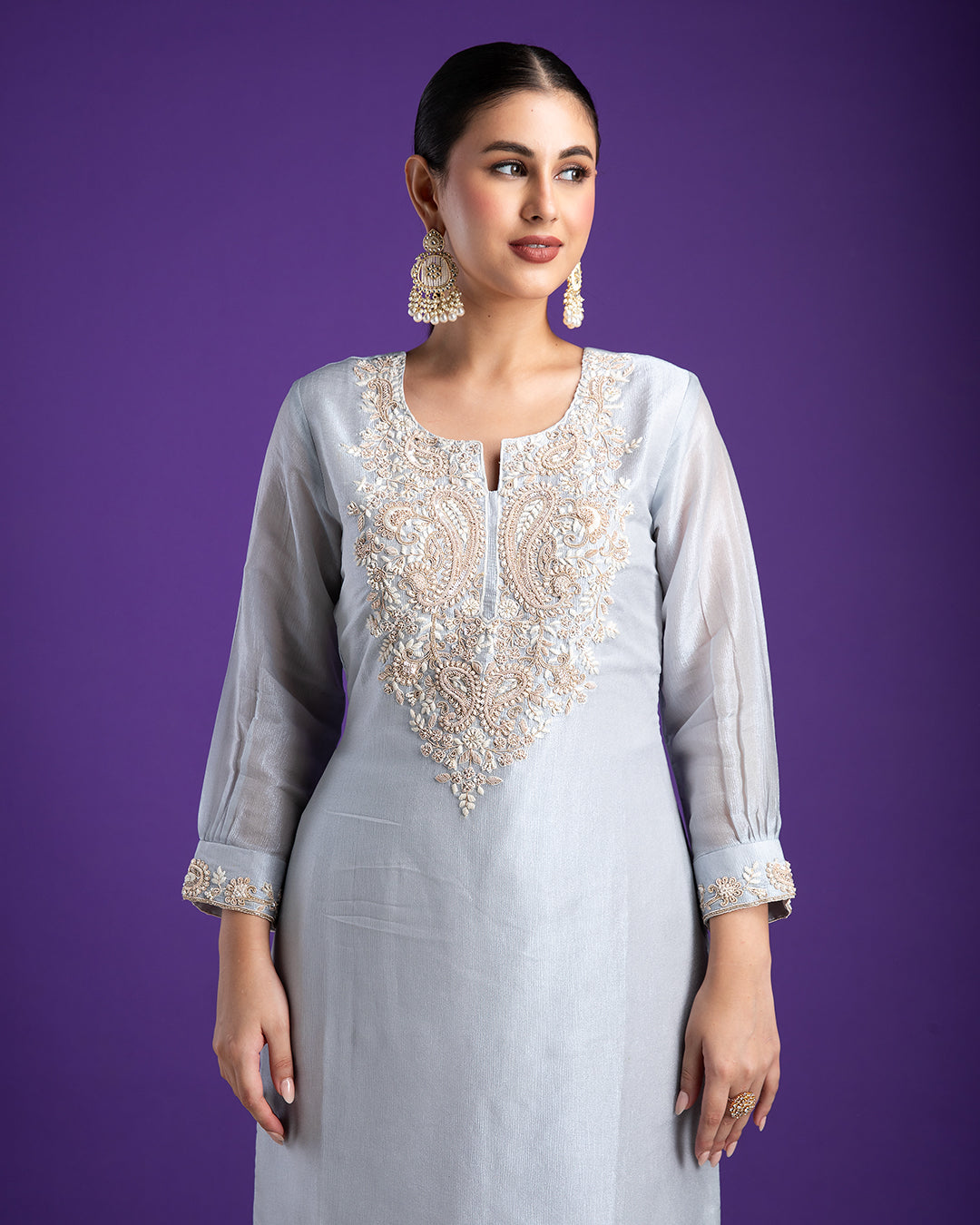 Serene Grey Kurta Set with Embellished Neckline - Mokshaa