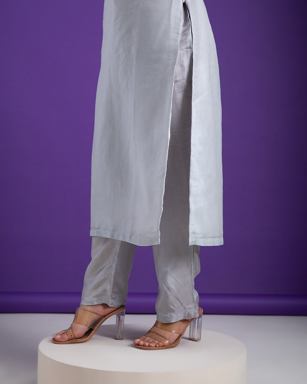 Serene Grey Kurta Set with Embellished Neckline - Mokshaa