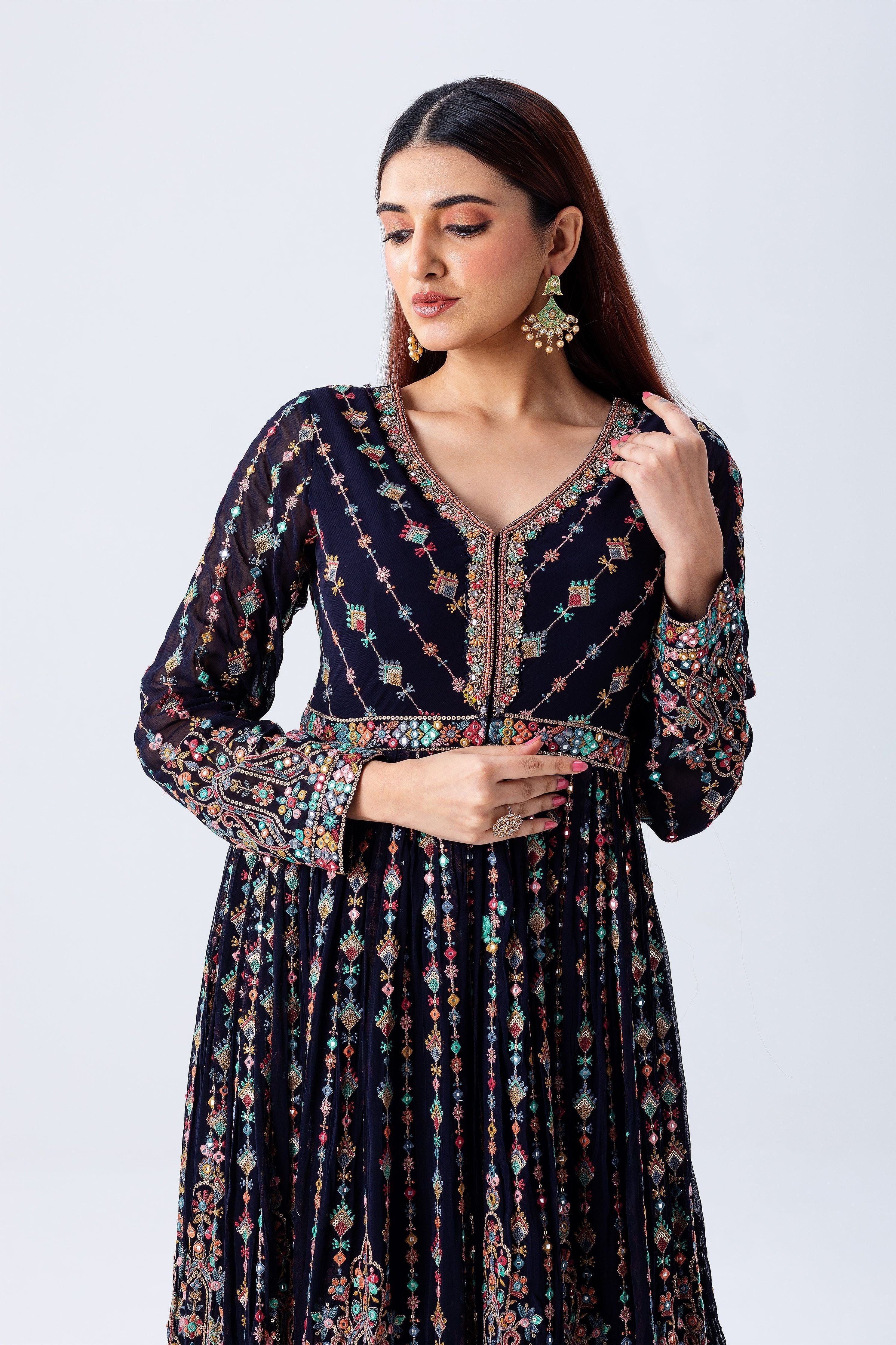 Navy Blue Anarkali Set - Mokshaa