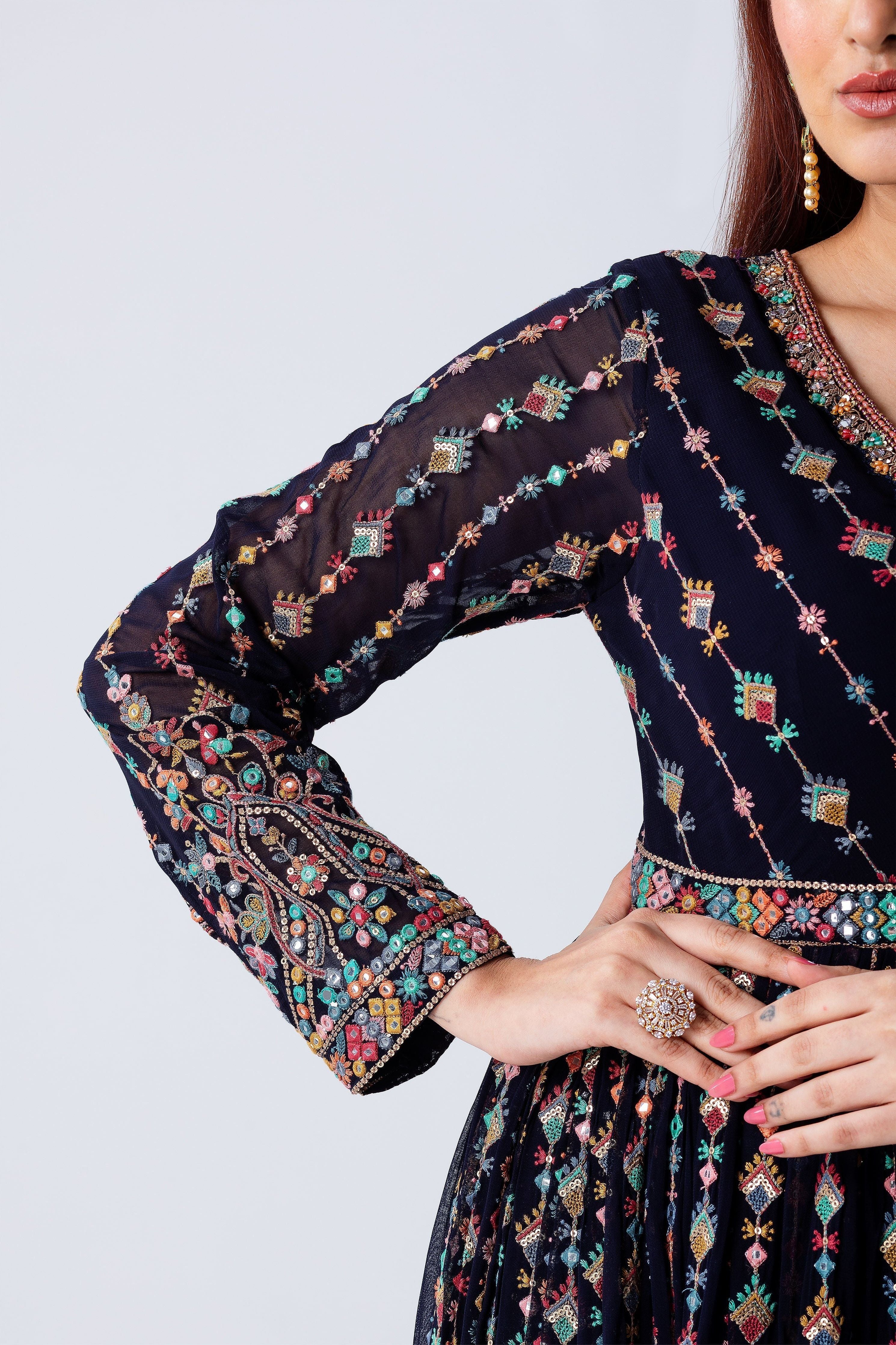 Navy Blue Anarkali Set - Mokshaa