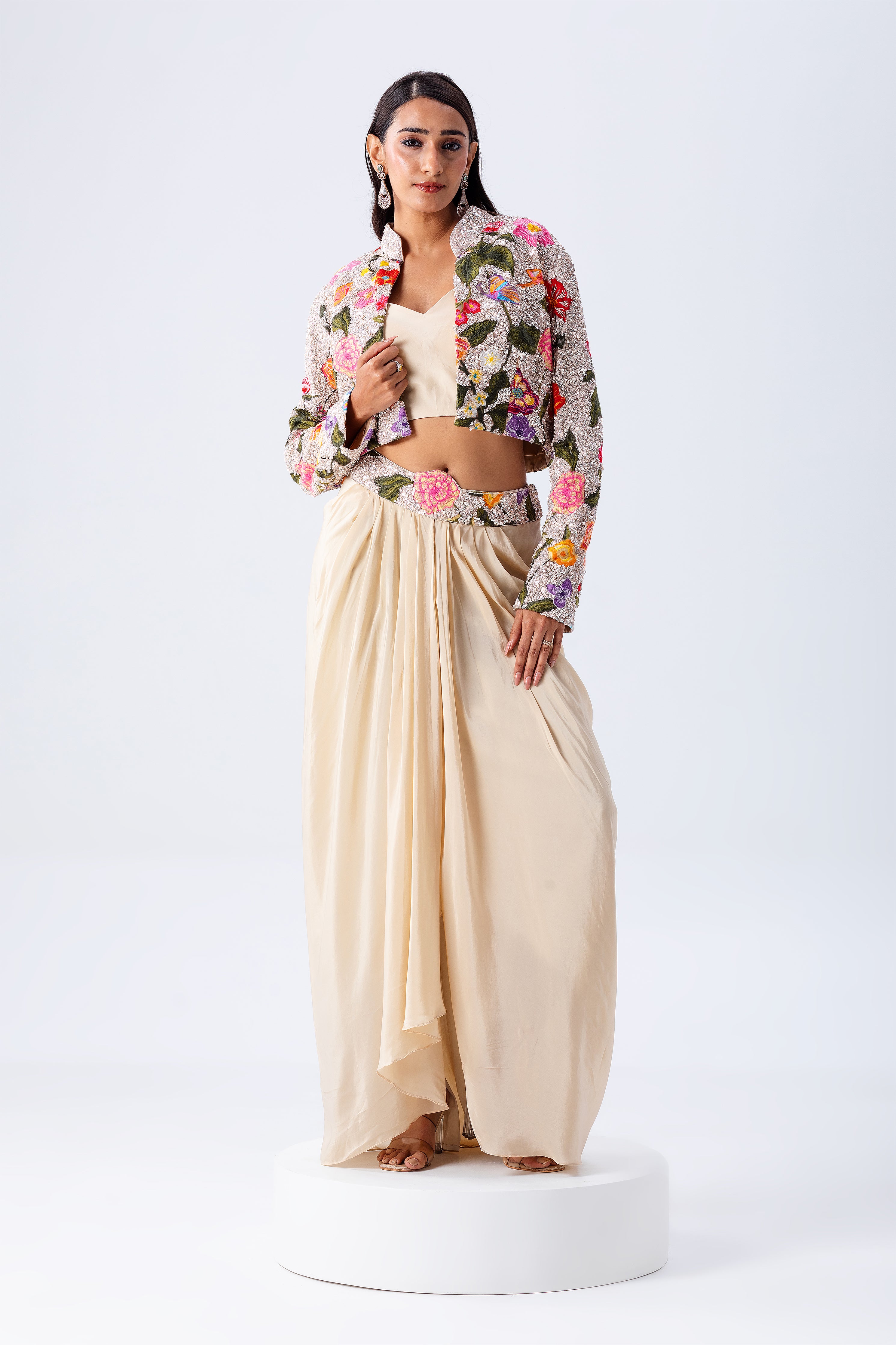 Beige Draped Skirt Set With Floral Embroidered Jacket - Mokshaa