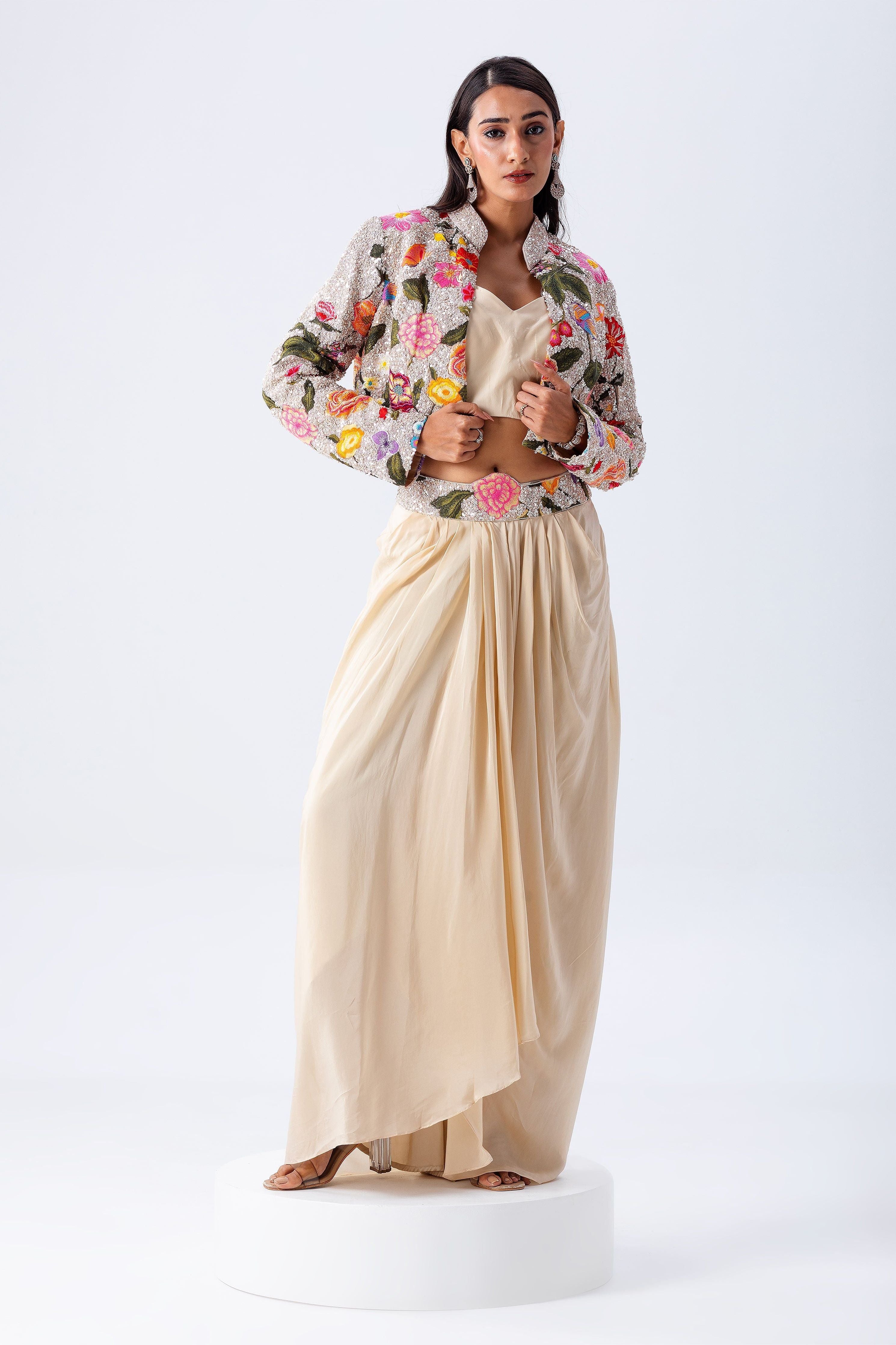 Beige Draped Skirt Set With Floral Embroidered Jacket - Mokshaa