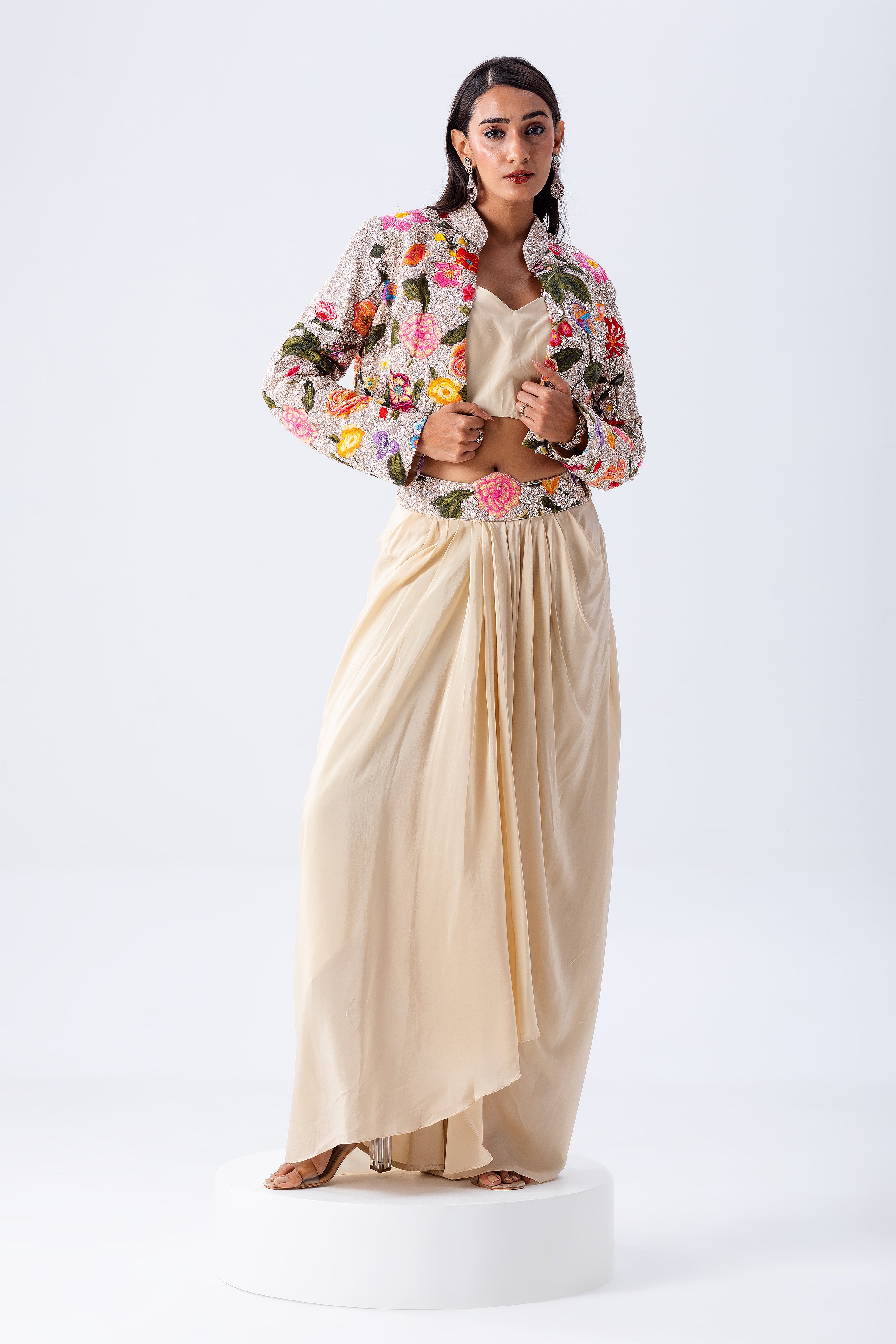 Beige Draped Skirt Set With Floral Embroidered Jacket - Mokshaa