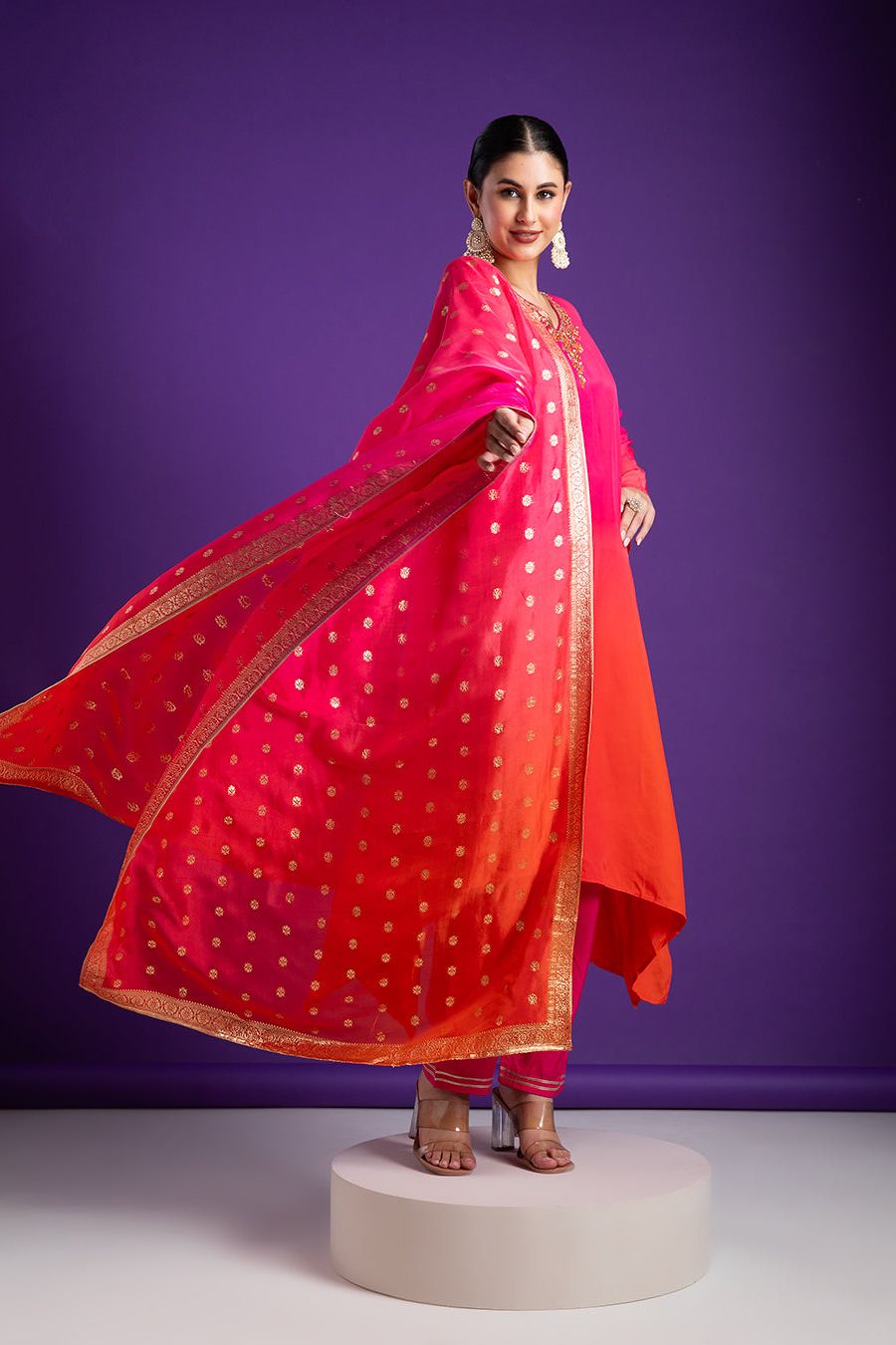 Pink and Orange Asymmetric Kurta Set - Mokshaa