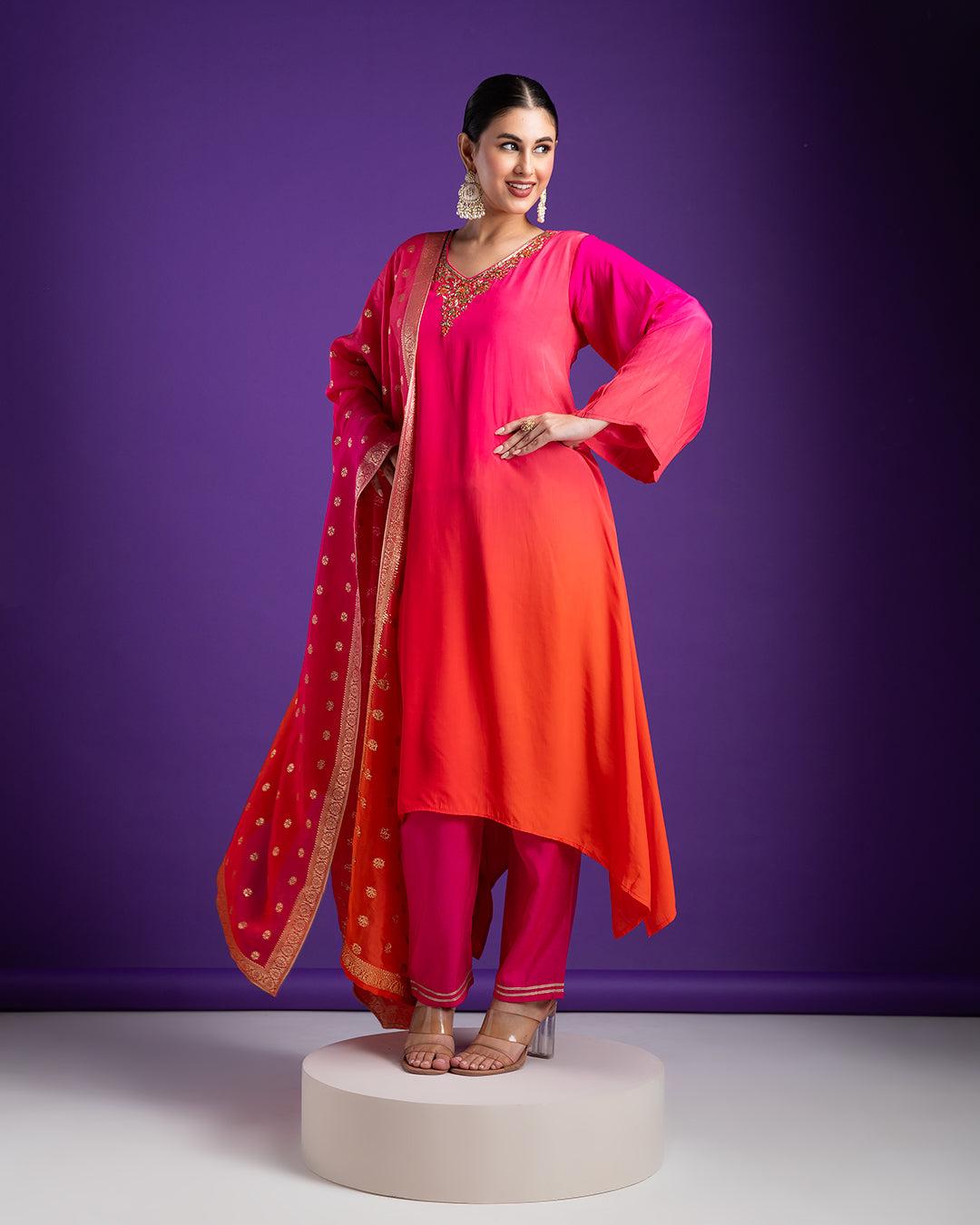 Pink and Orange Asymmetric Kurta Set - Mokshaa