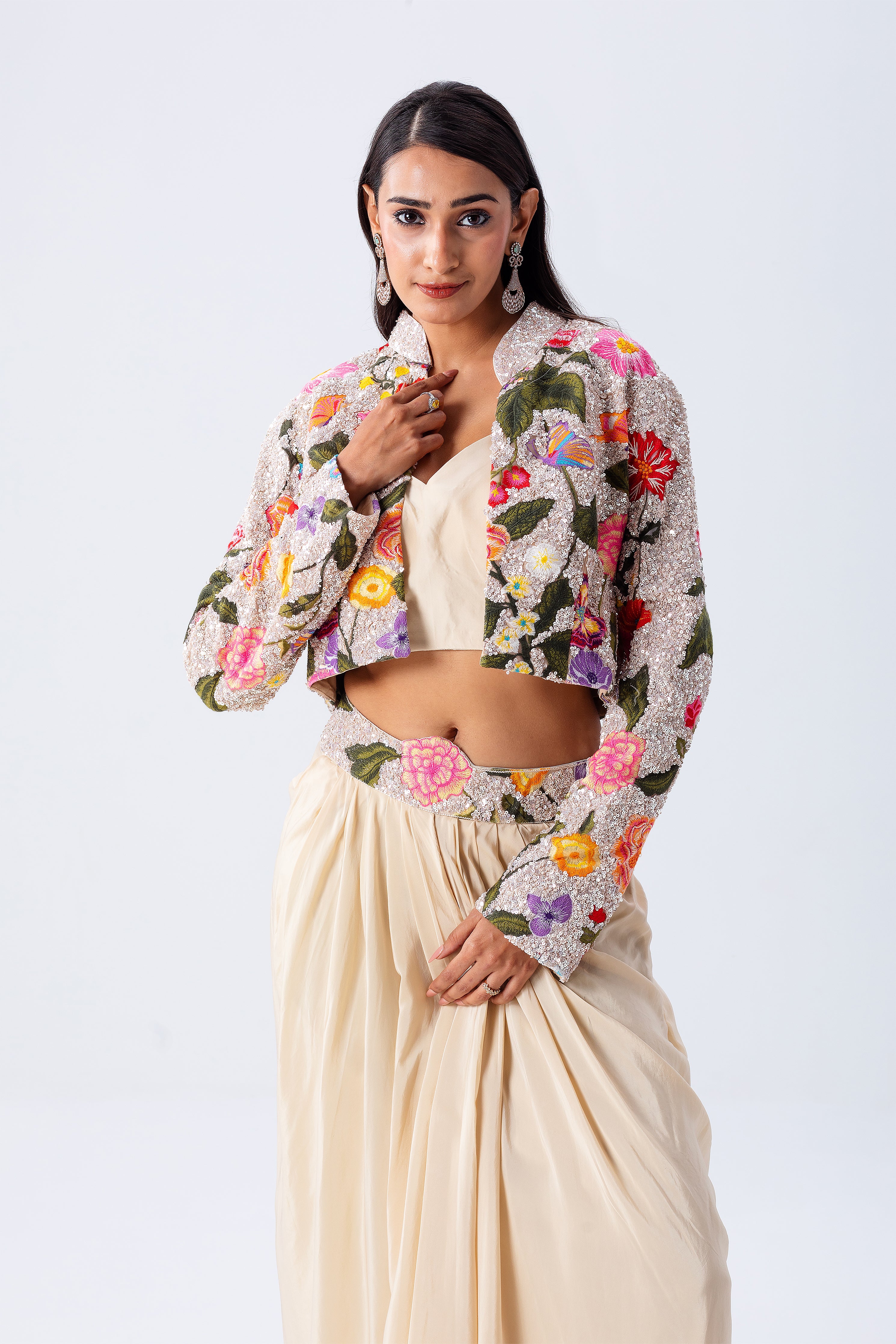 Beige Draped Skirt Set With Floral Embroidered Jacket - Mokshaa