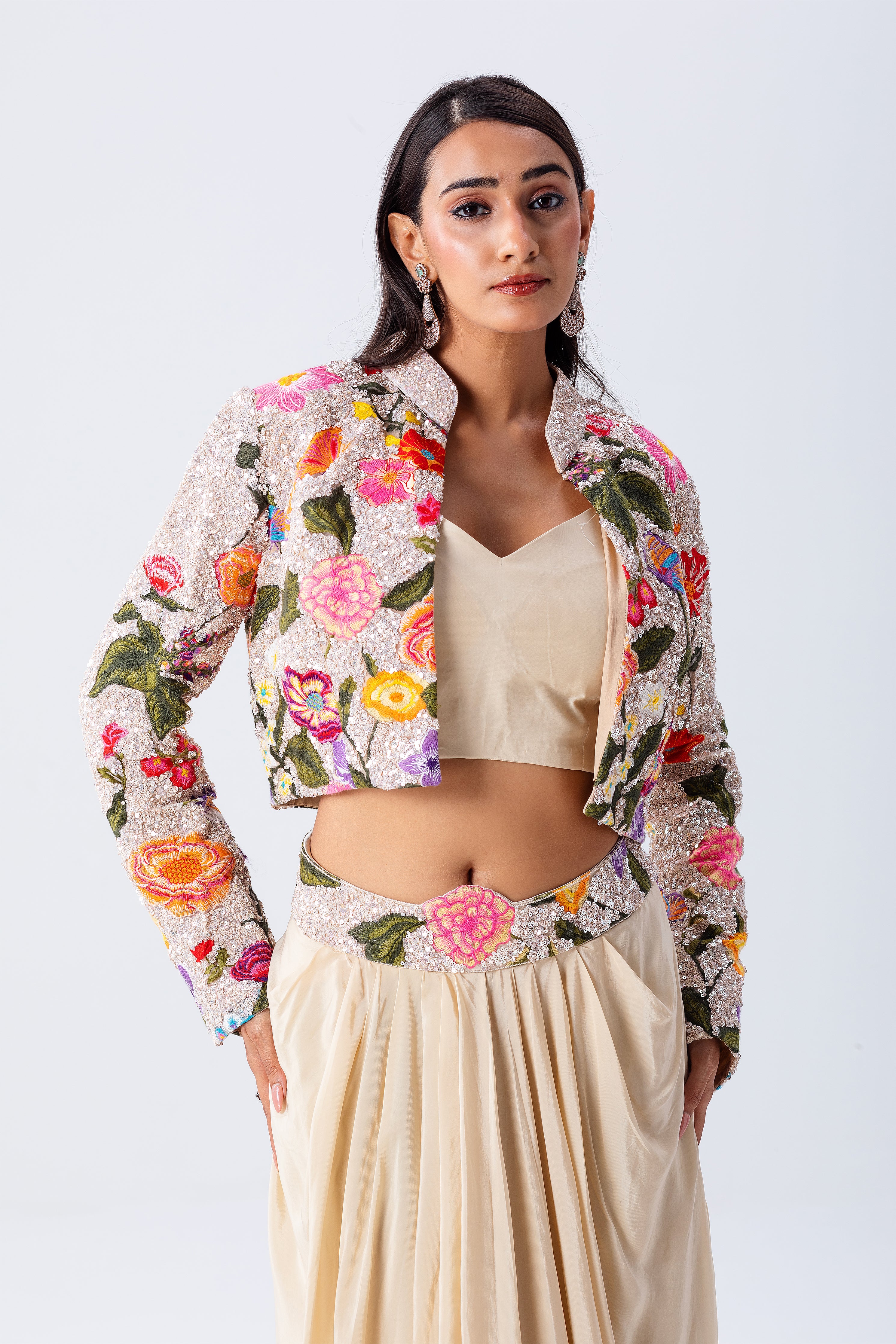 Beige Draped Skirt Set With Floral Embroidered Jacket - Mokshaa