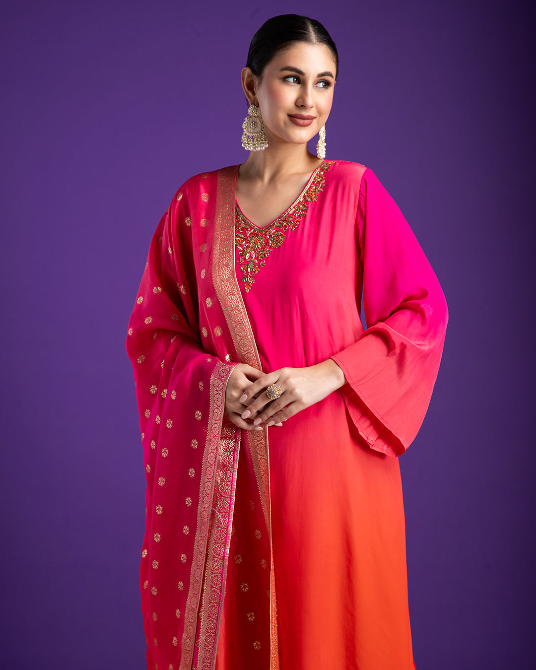 Pink and Orange Asymmetric Kurta Set - Mokshaa