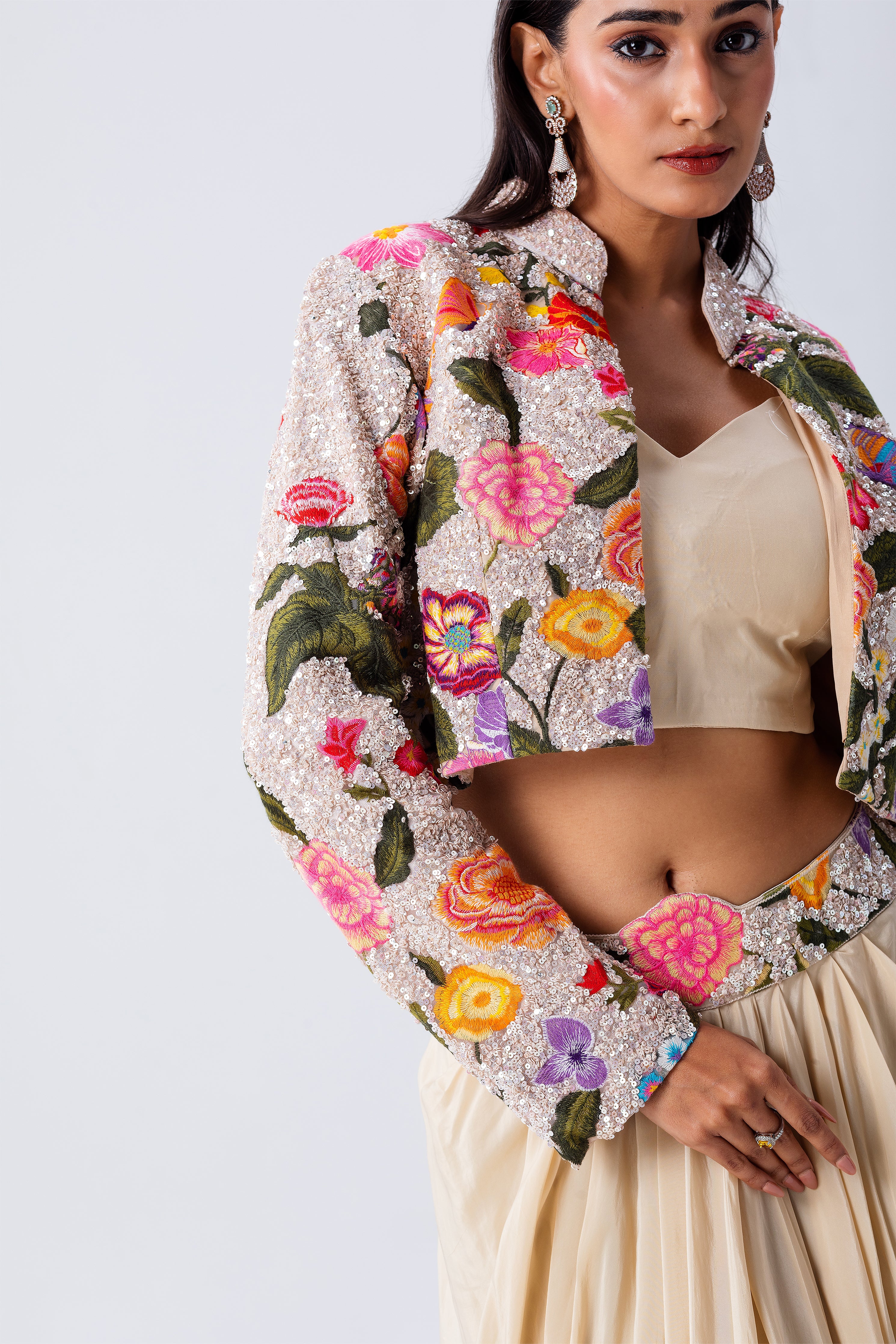 Beige Draped Skirt Set With Floral Embroidered Jacket - Mokshaa