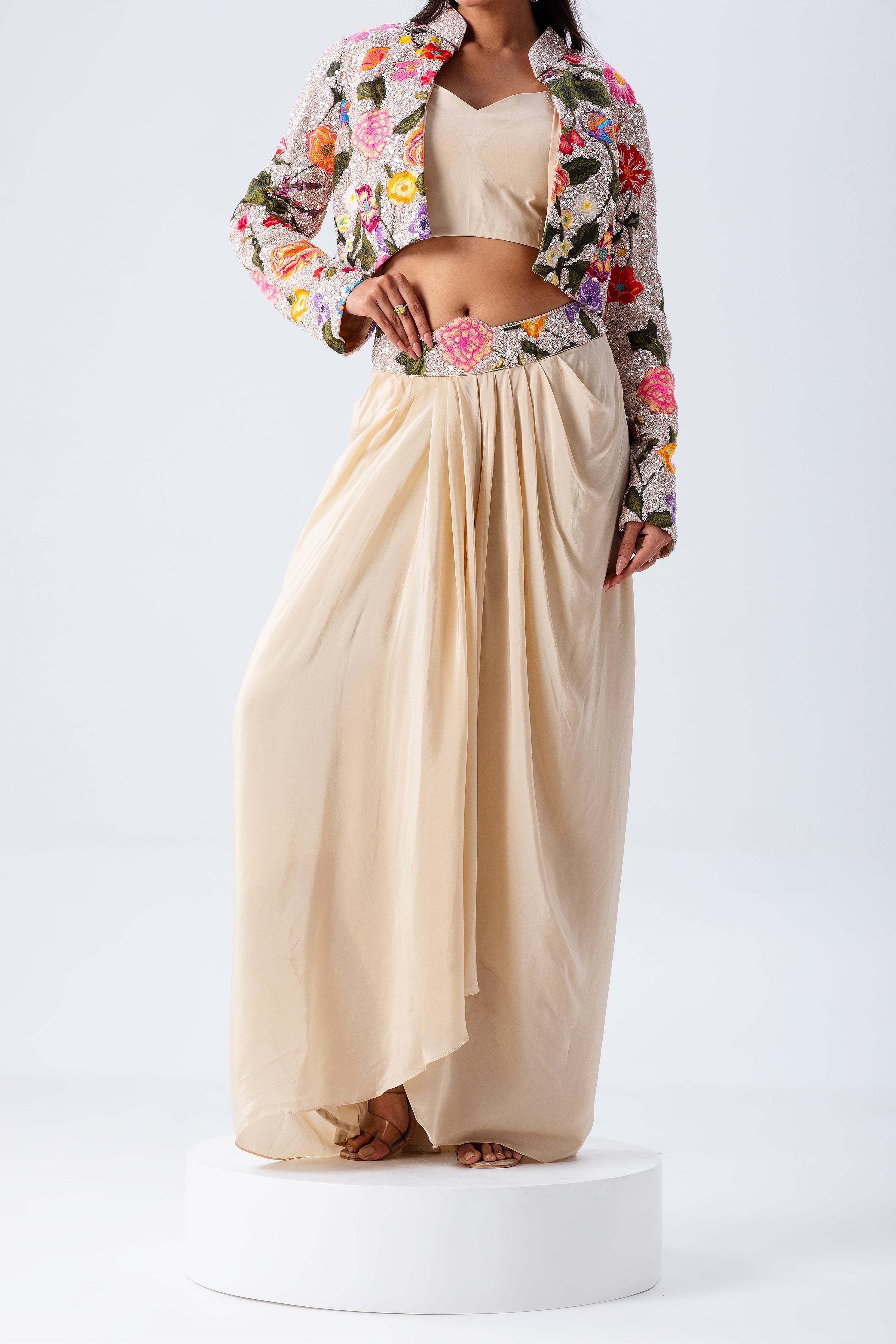 Beige Draped Skirt Set With Floral Embroidered Jacket - Mokshaa