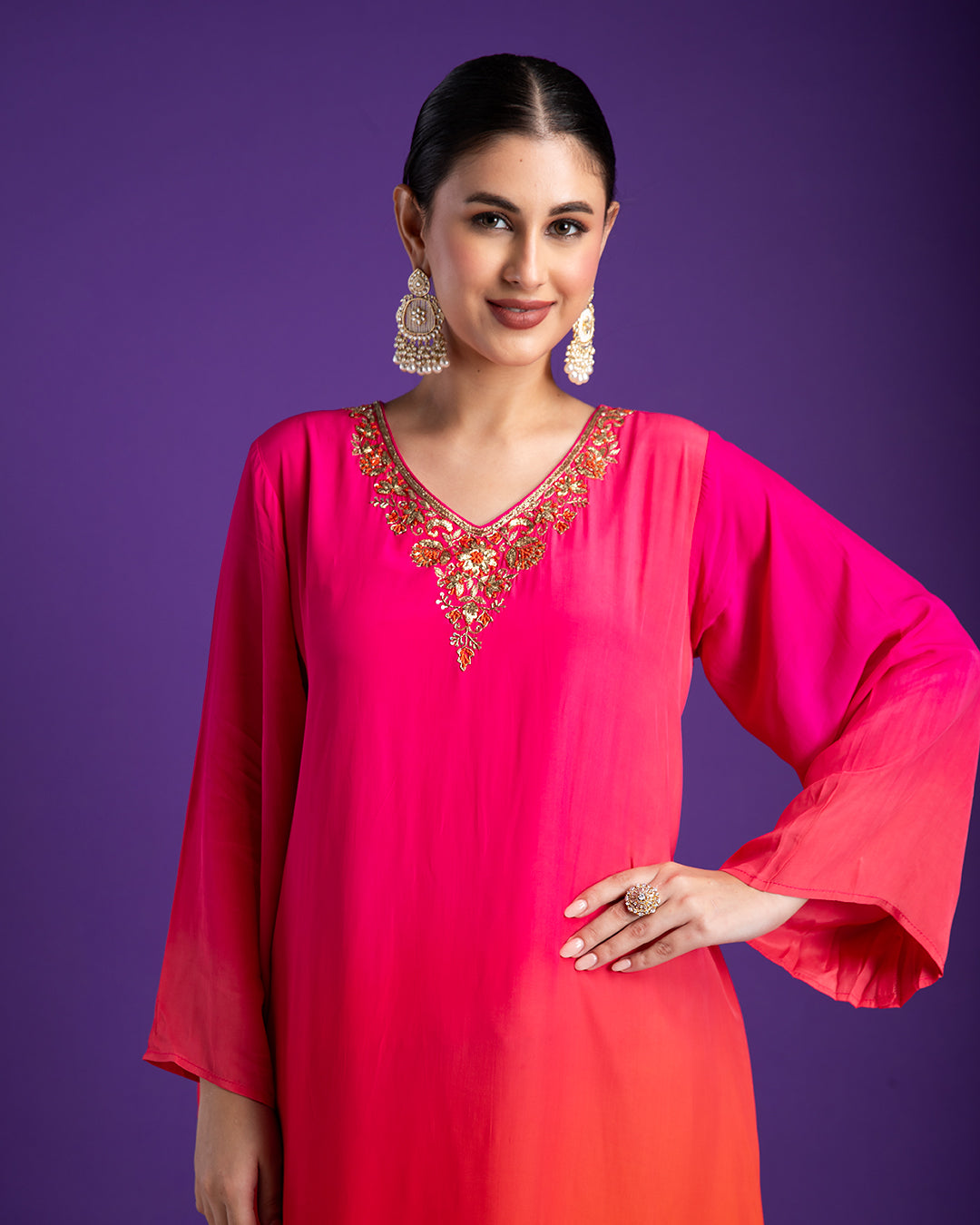 Pink and Orange Asymmetric Kurta Set - Mokshaa