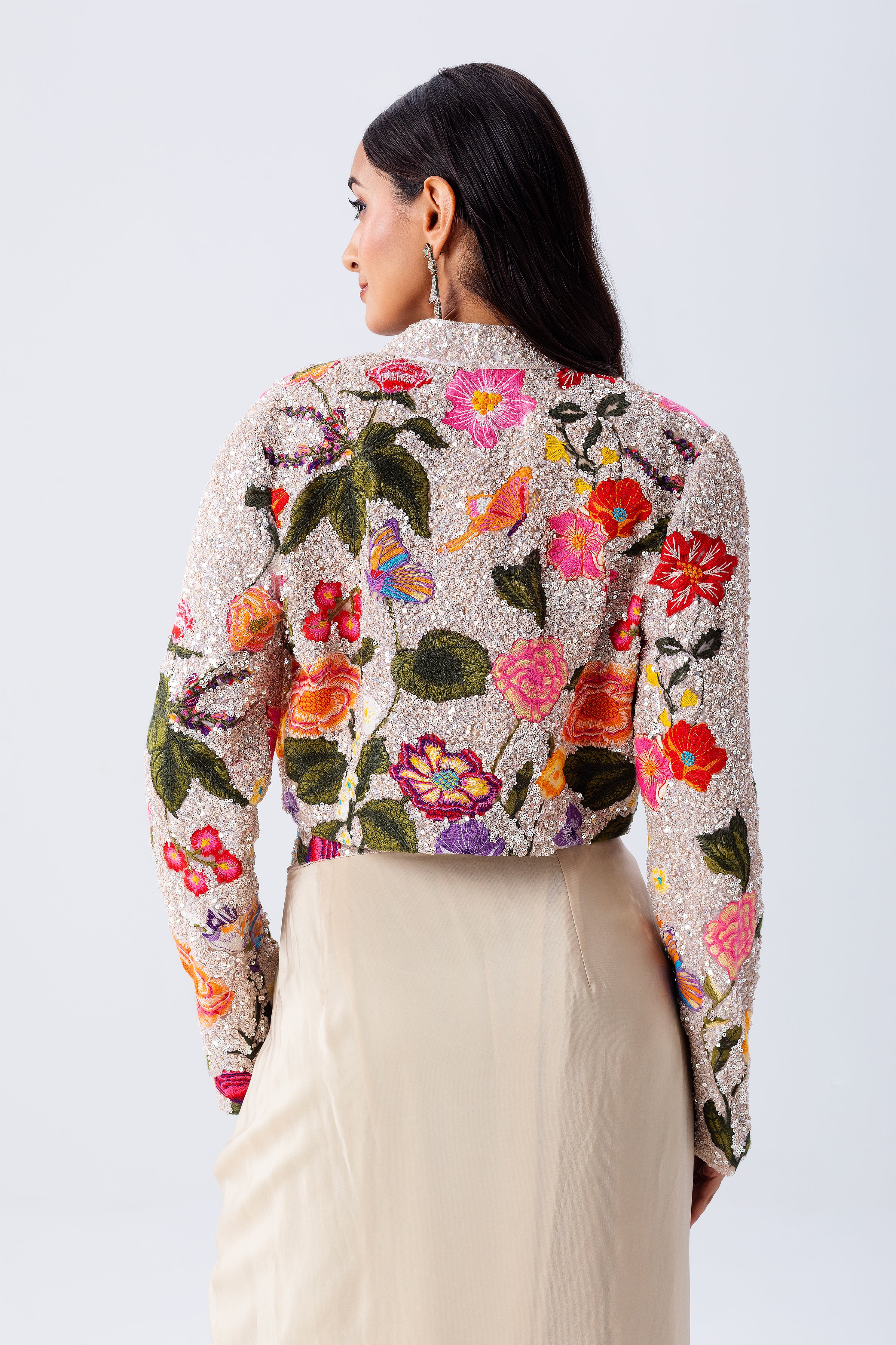 Beige Draped Skirt Set With Floral Embroidered Jacket - Mokshaa