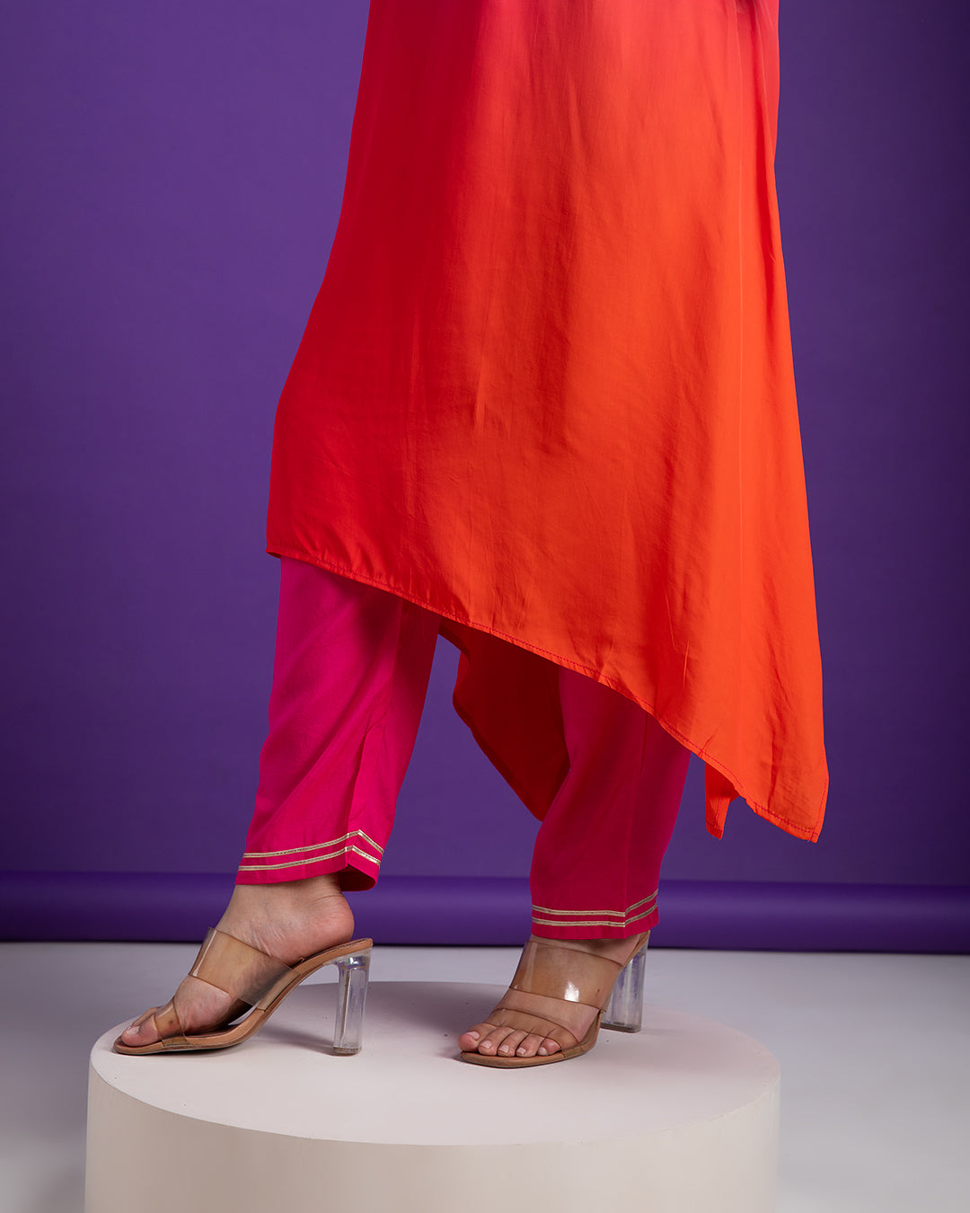 Pink and Orange Asymmetric Kurta Set - Mokshaa