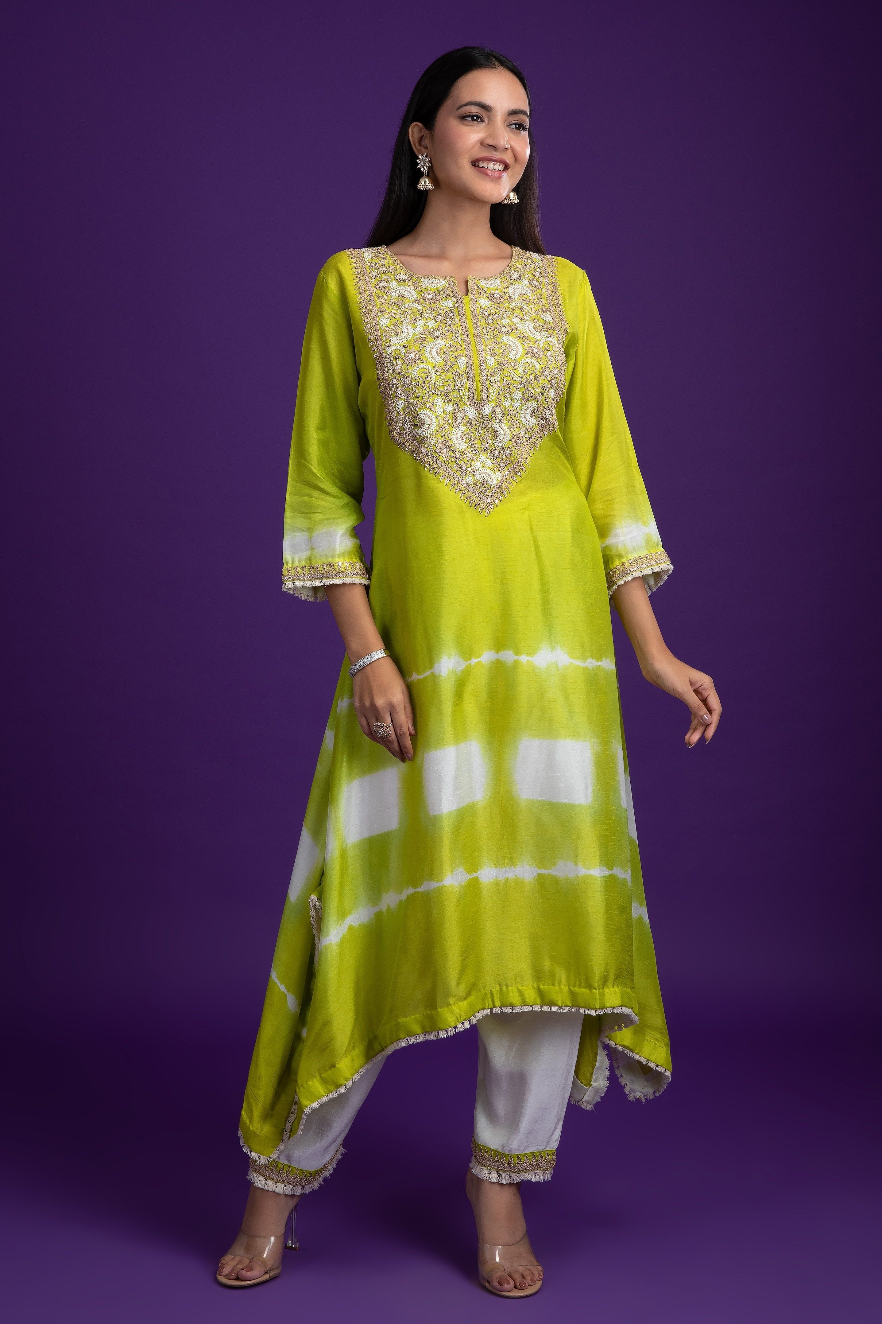 Green Tie-Dye Silk Kurti set - Mokshaa