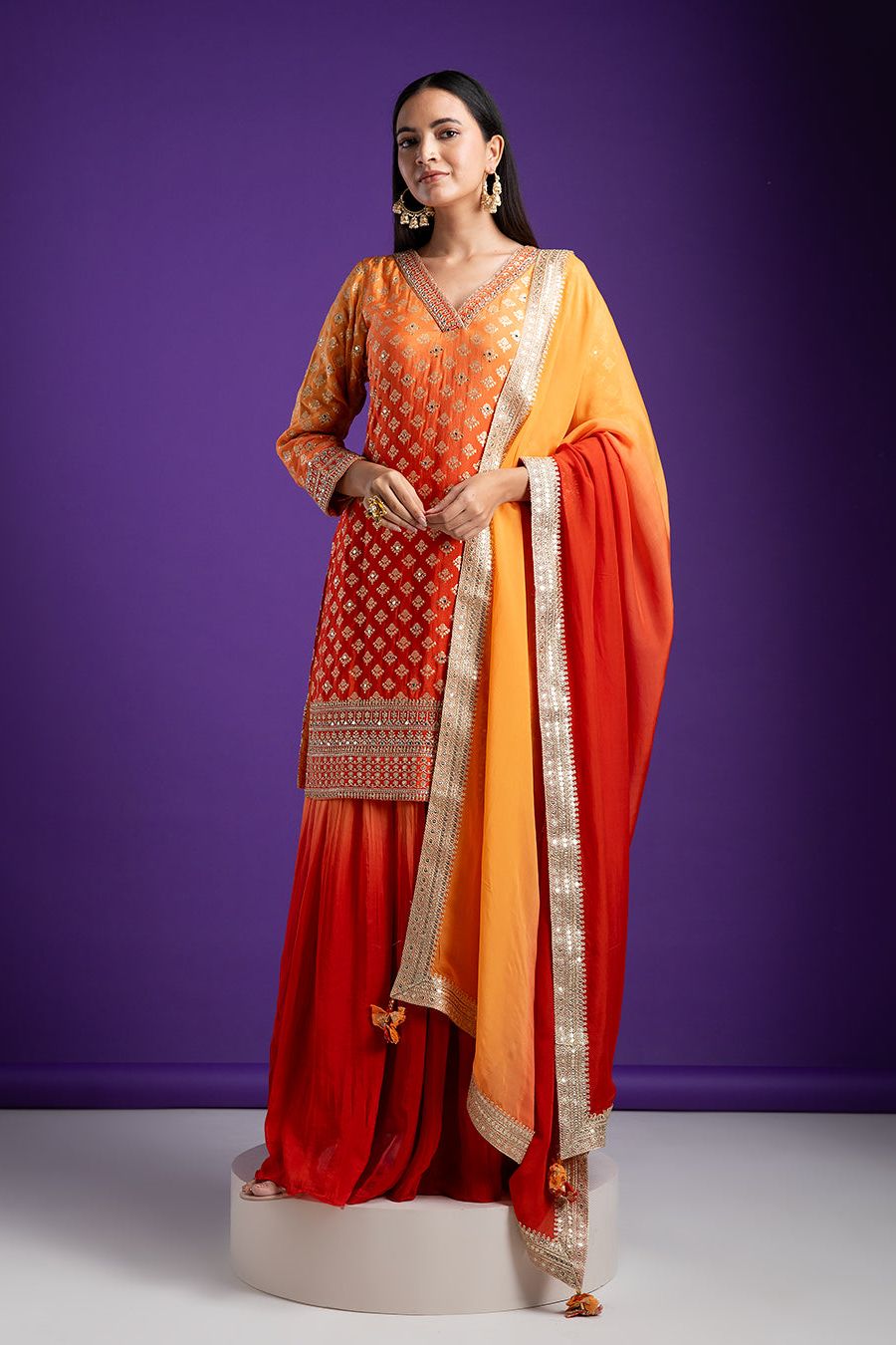 Vibrant Orange and Red Sharara Set - Mokshaa