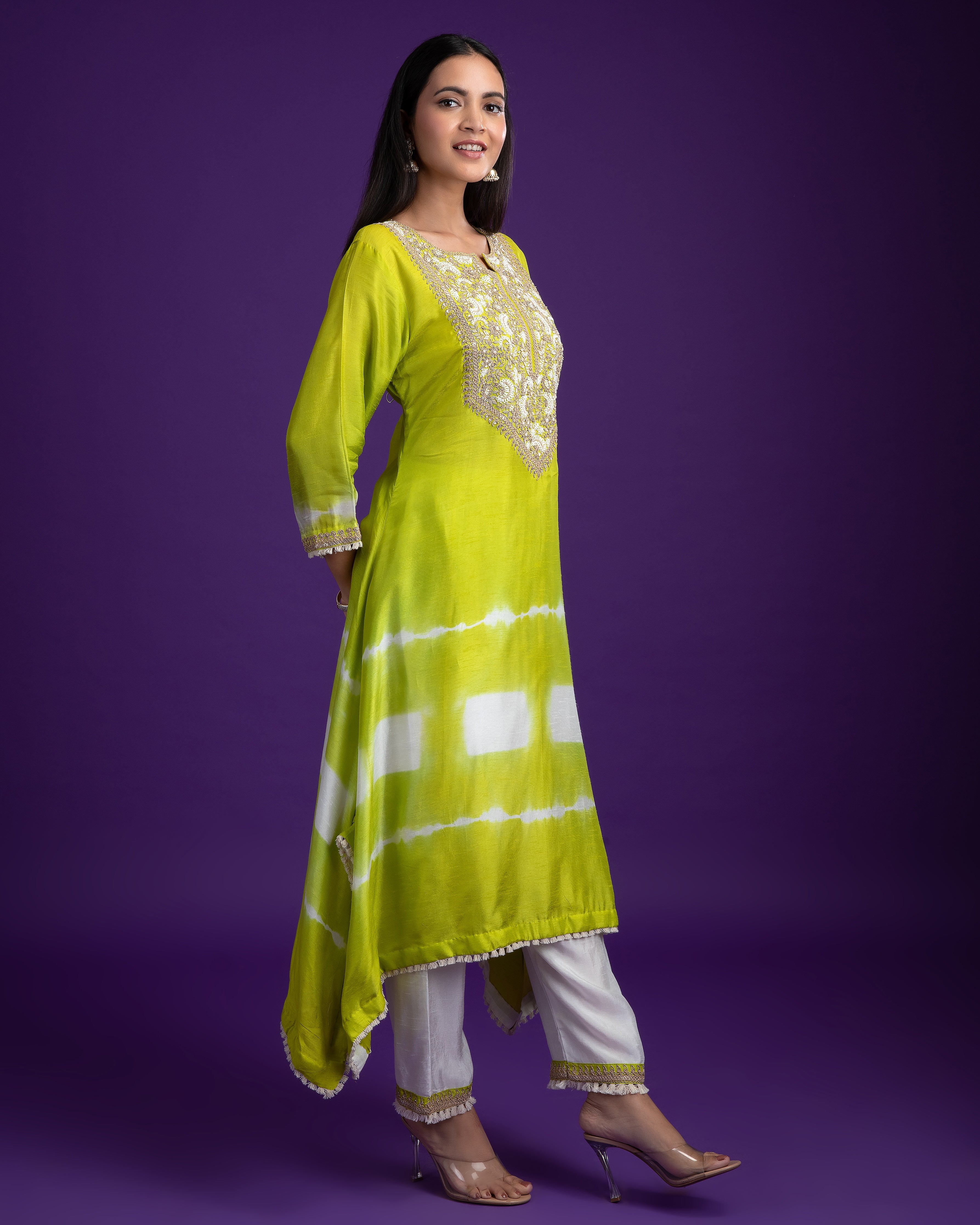 Green Tie-Dye Silk Kurti set - Mokshaa