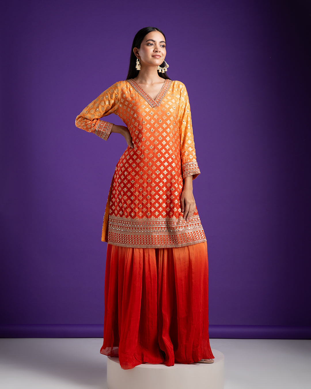 Vibrant Orange and Red Sharara Set - Mokshaa