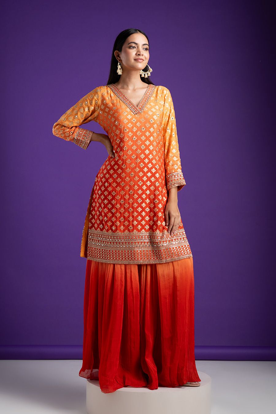 Vibrant Orange and Red Sharara Set - Mokshaa