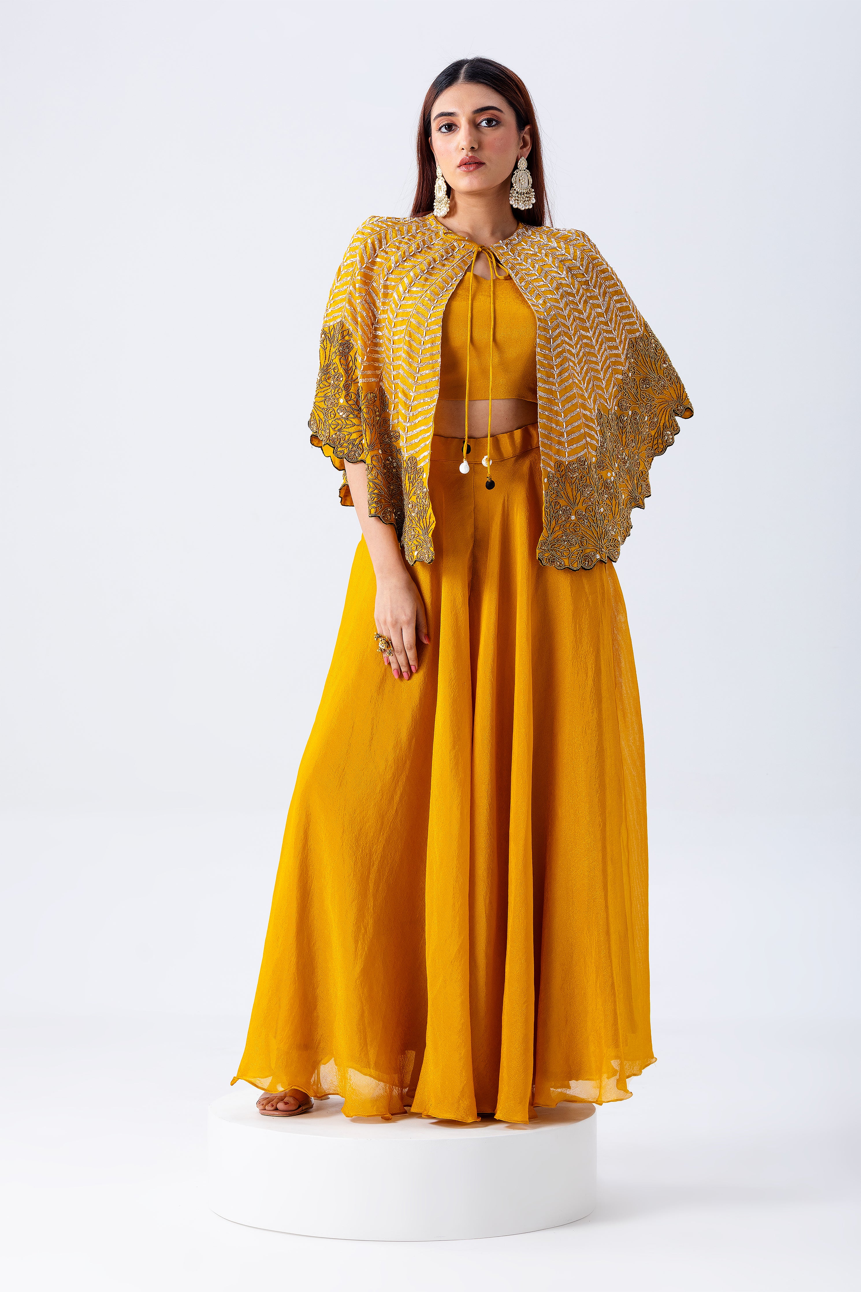 Mustard Yellow Cape Set With Embroidery - Mokshaa