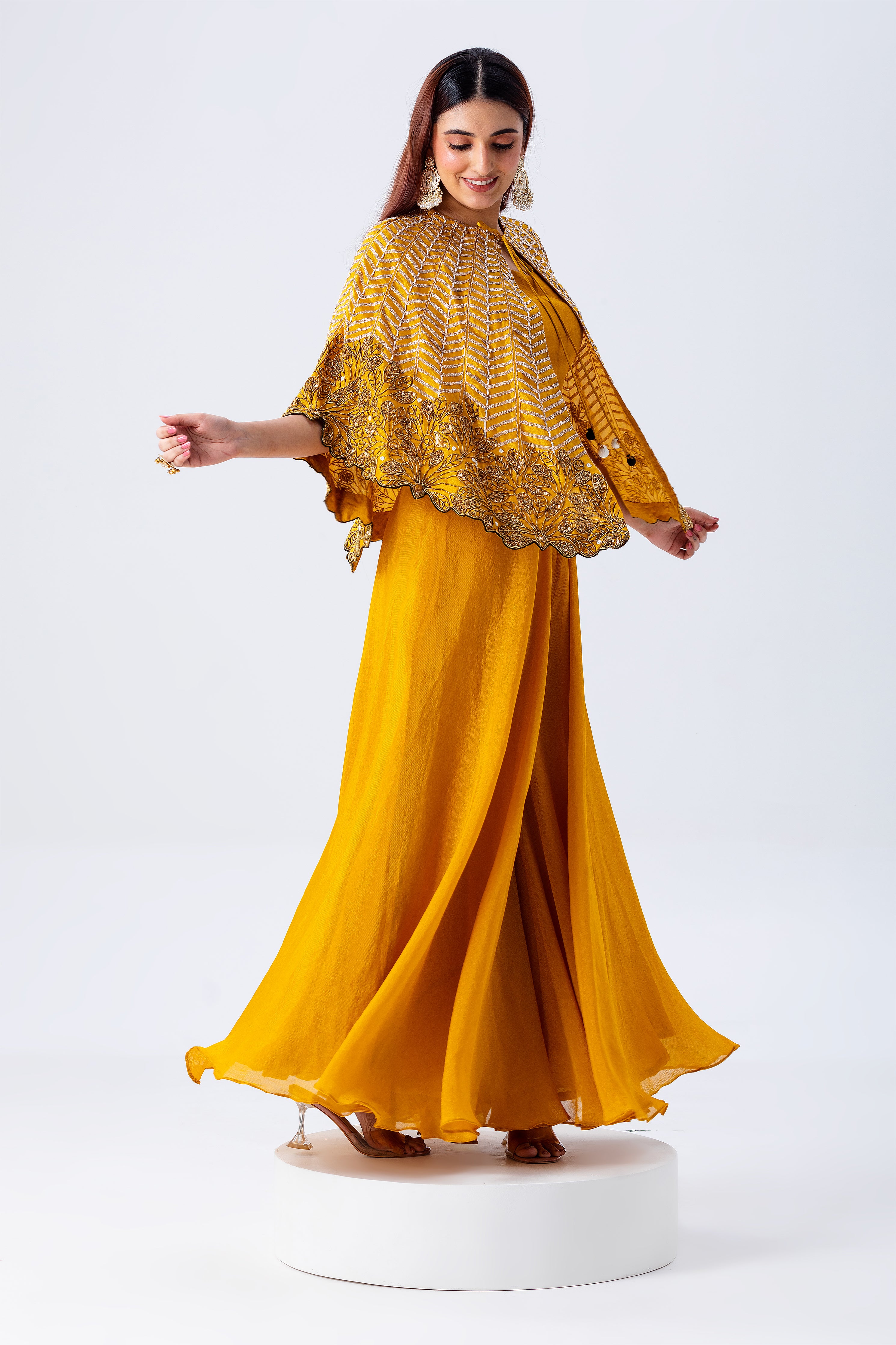 Mustard Yellow Cape Set With Embroidery - Mokshaa