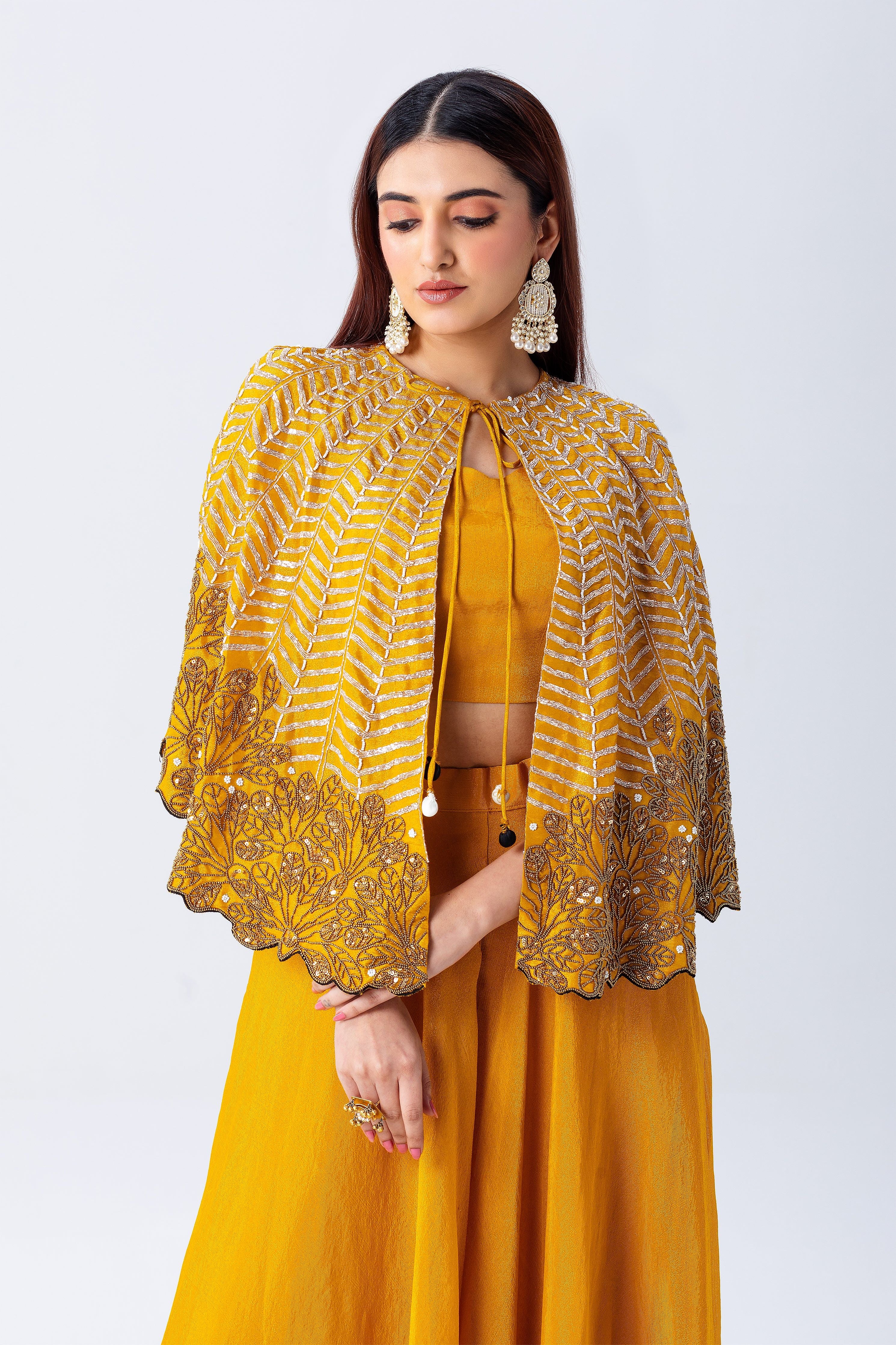 Mustard Yellow Cape Set With Embroidery - Mokshaa