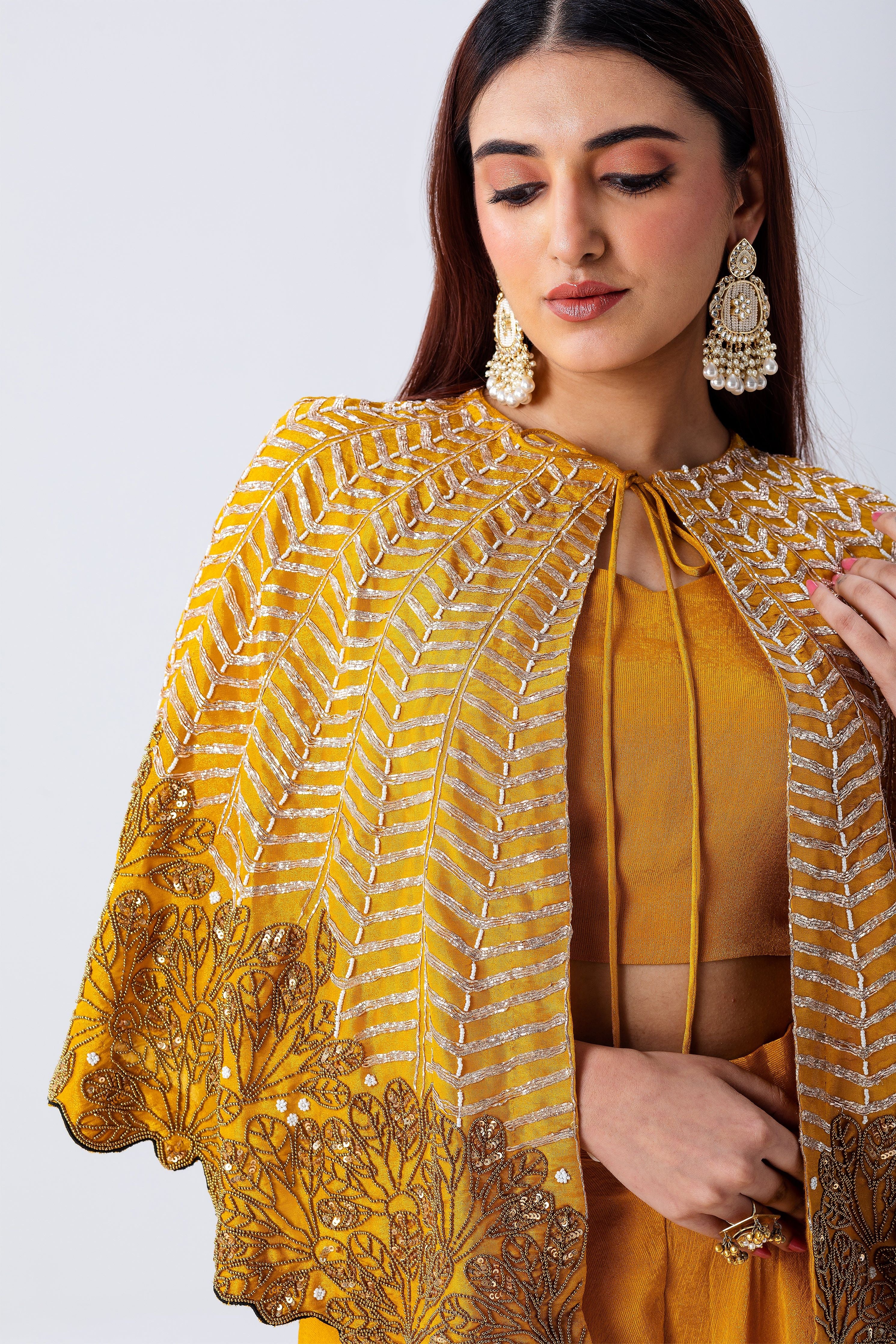 Mustard Yellow Cape Set With Embroidery - Mokshaa