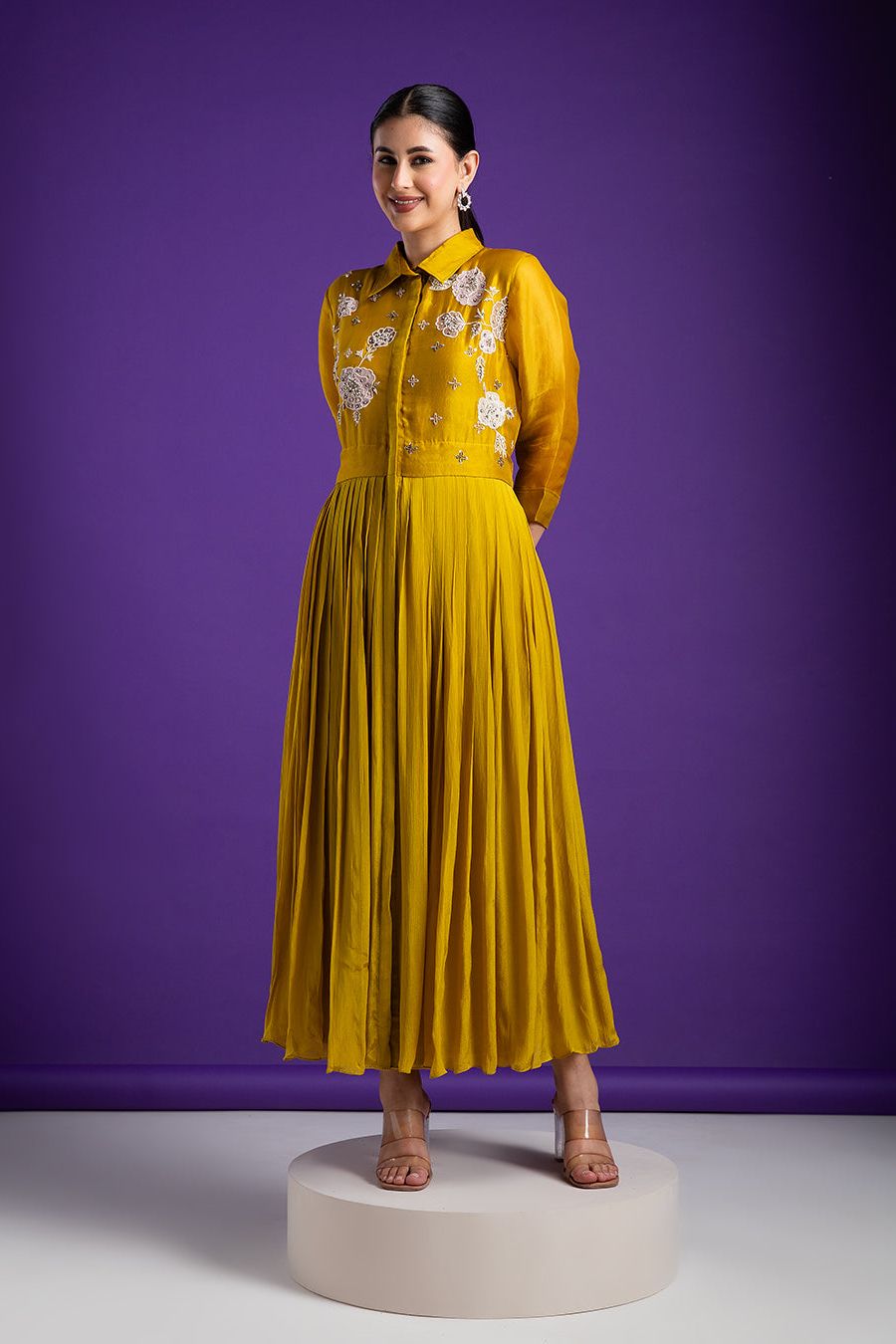 Mustard Yellow Embroidered Maxi Dress - Mokshaa