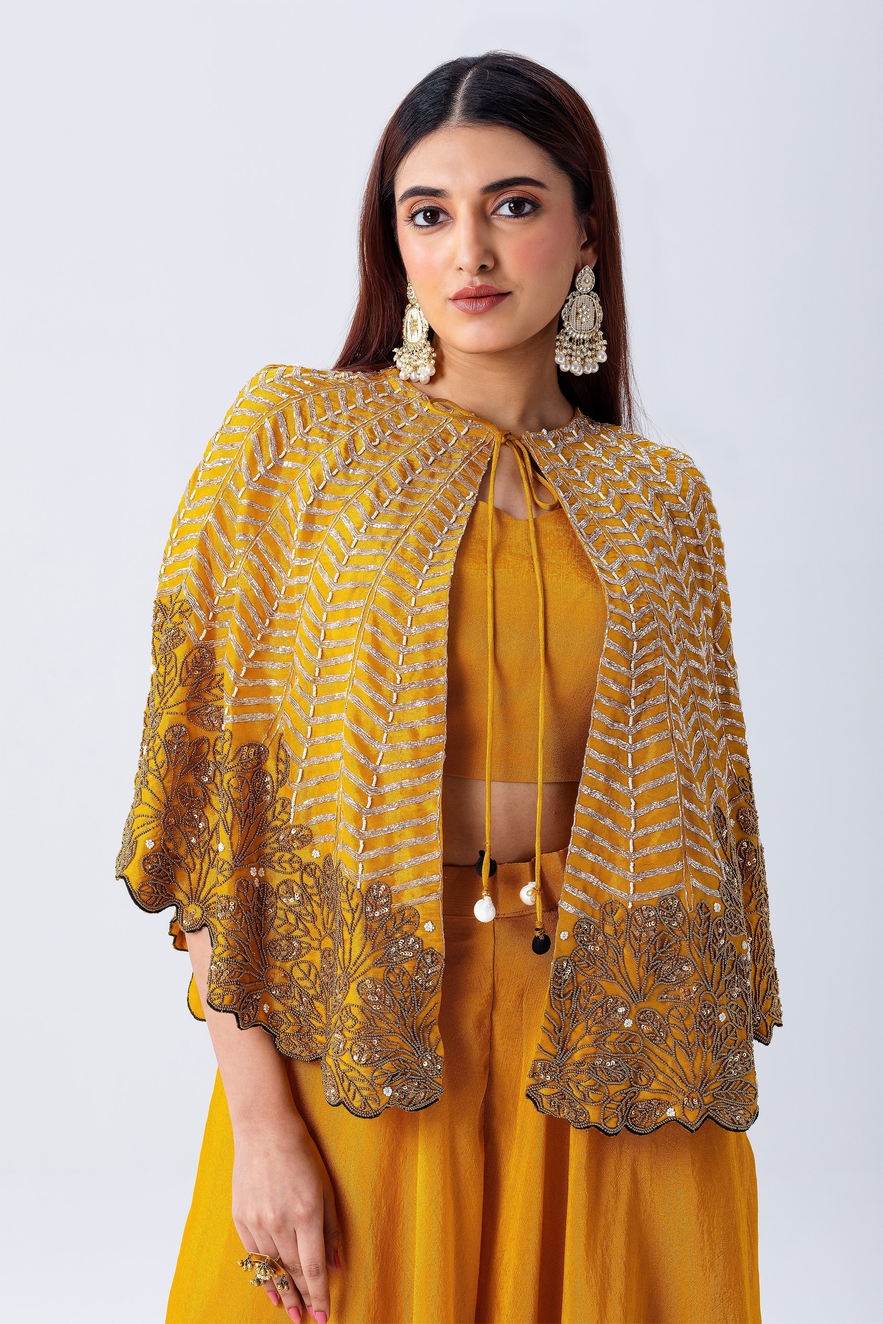 Mustard Yellow Cape Set With Embroidery - Mokshaa