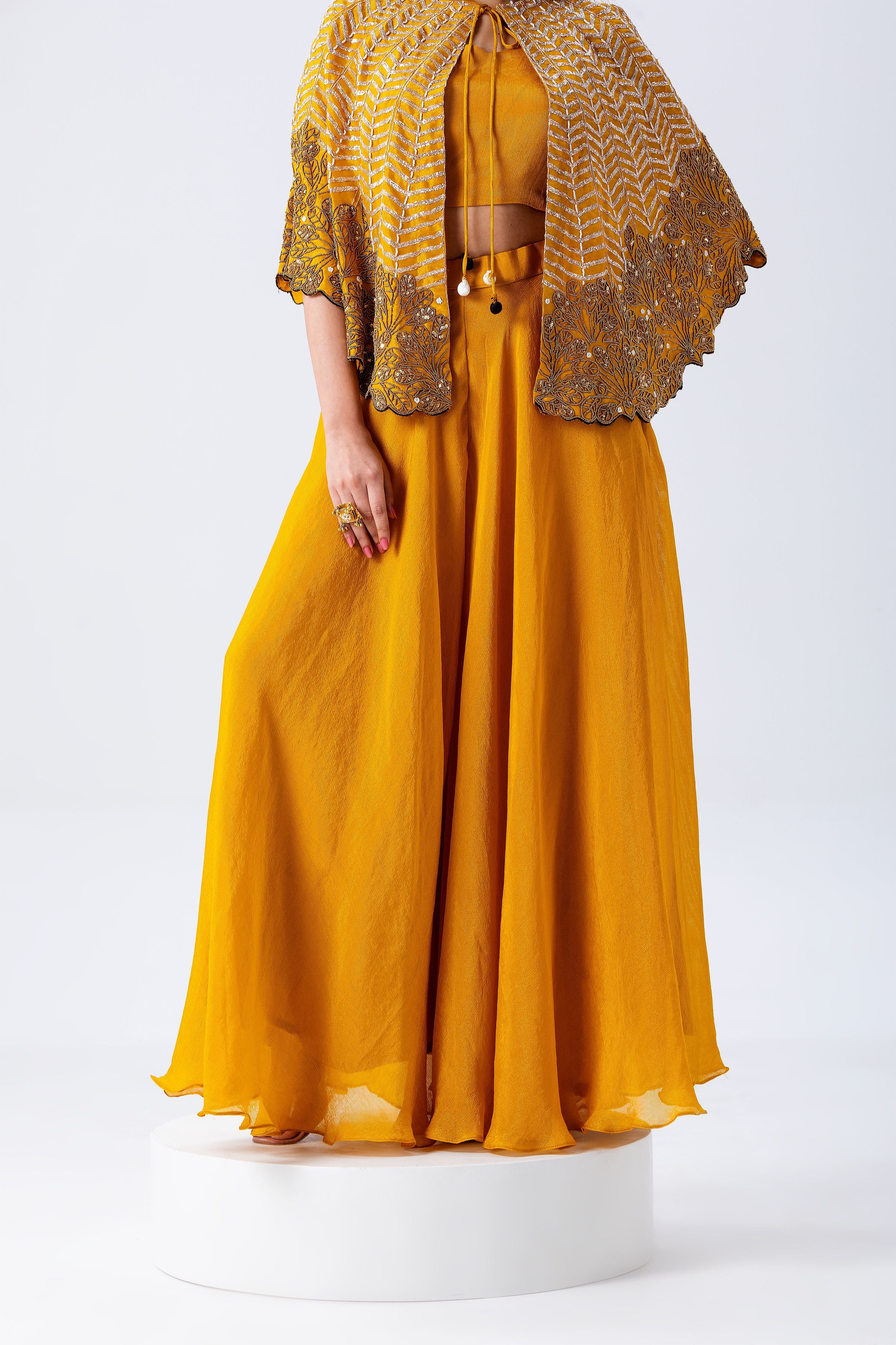 Mustard Yellow Cape Set With Embroidery - Mokshaa