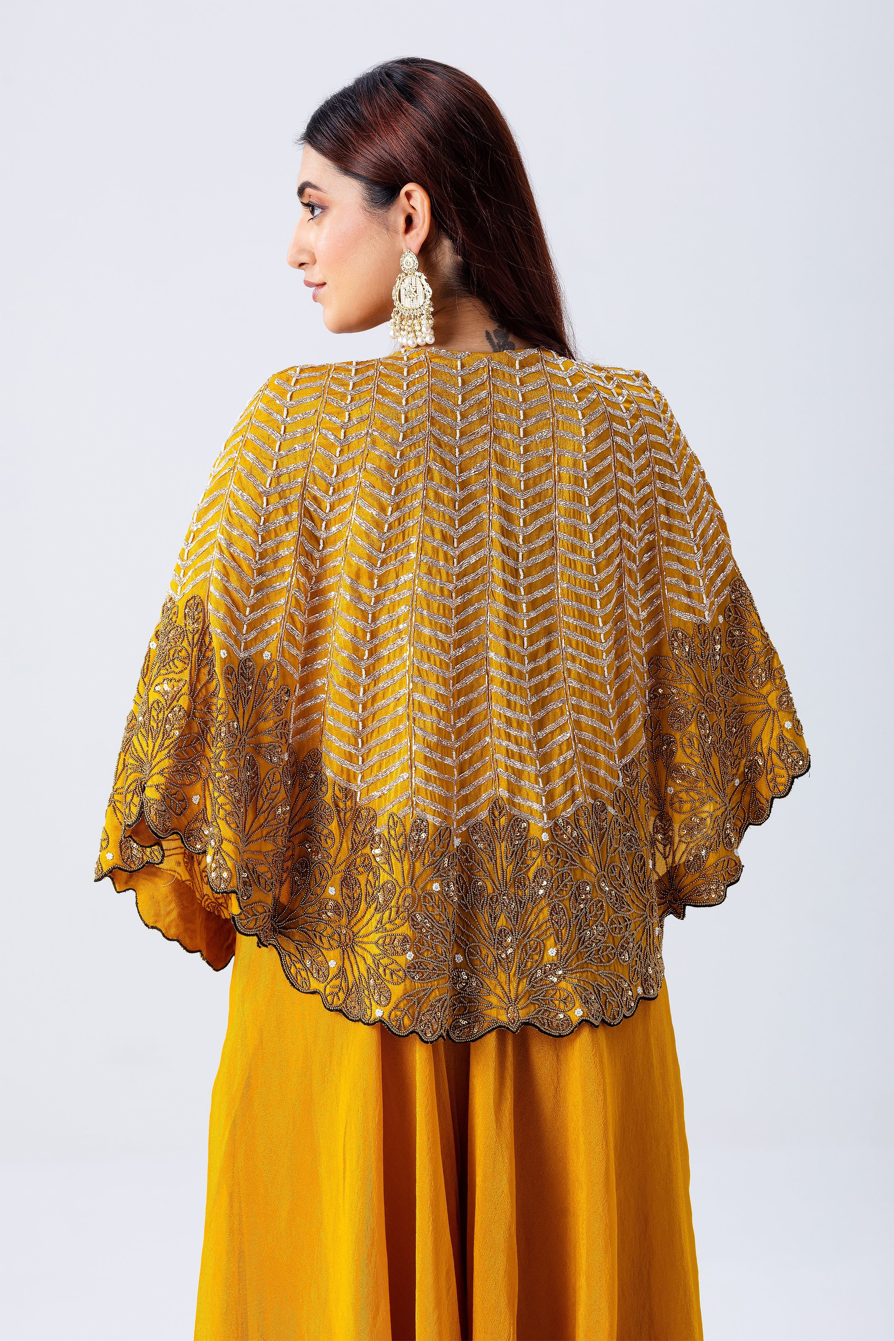 Mustard Yellow Cape Set With Embroidery - Mokshaa