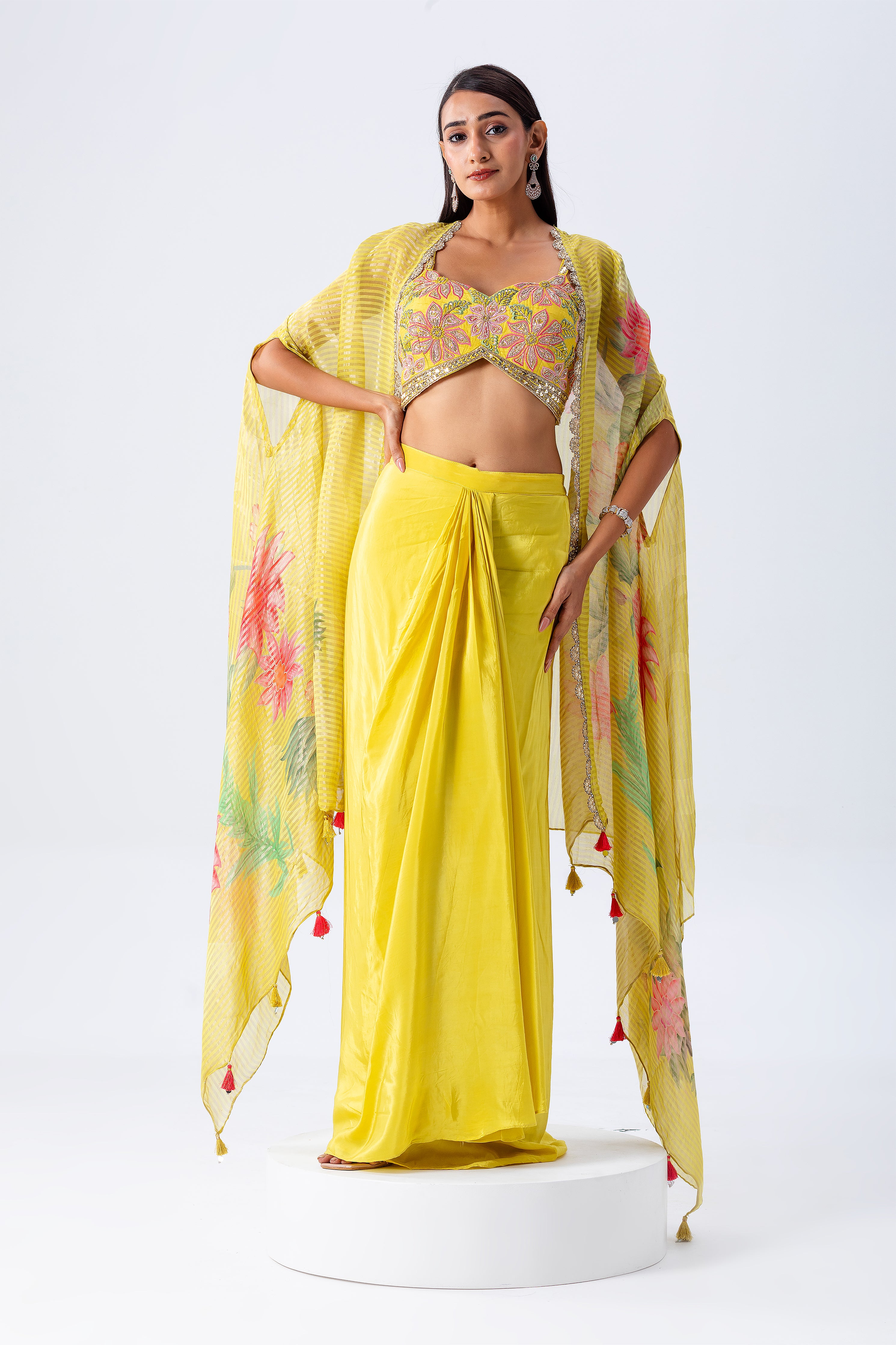 Yellow Cape Skirt Set - Mokshaa