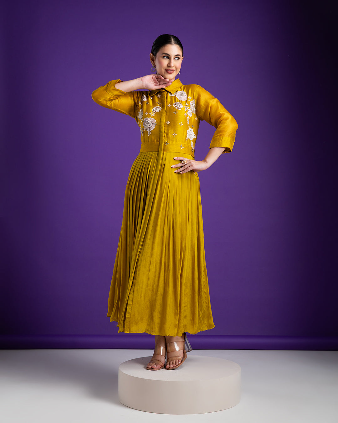 Mustard Yellow Embroidered Maxi Dress - Mokshaa