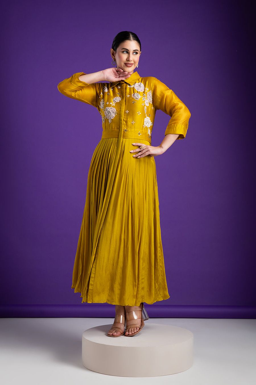 Mustard Yellow Embroidered Maxi Dress - Mokshaa