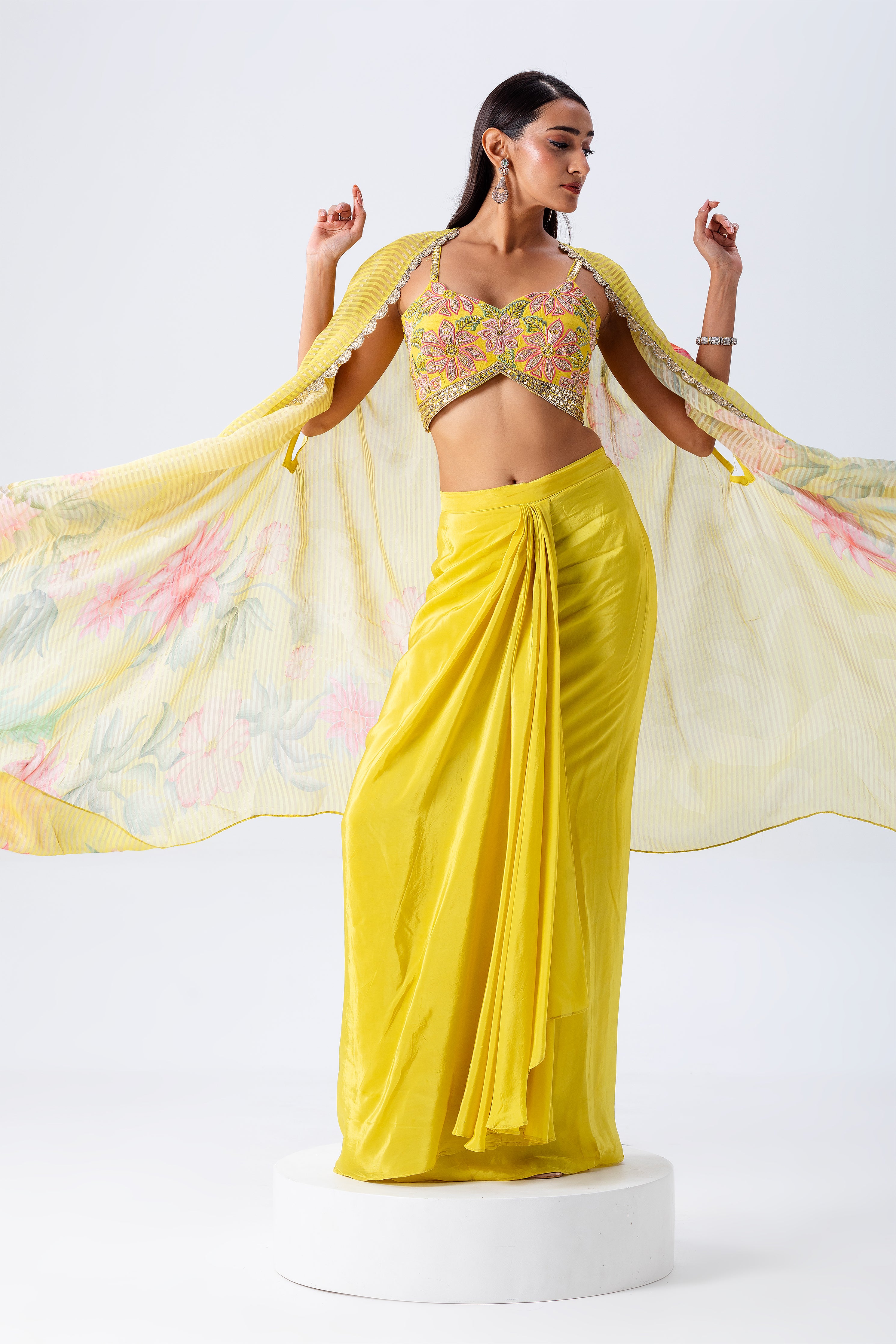 Yellow Cape Skirt Set - Mokshaa