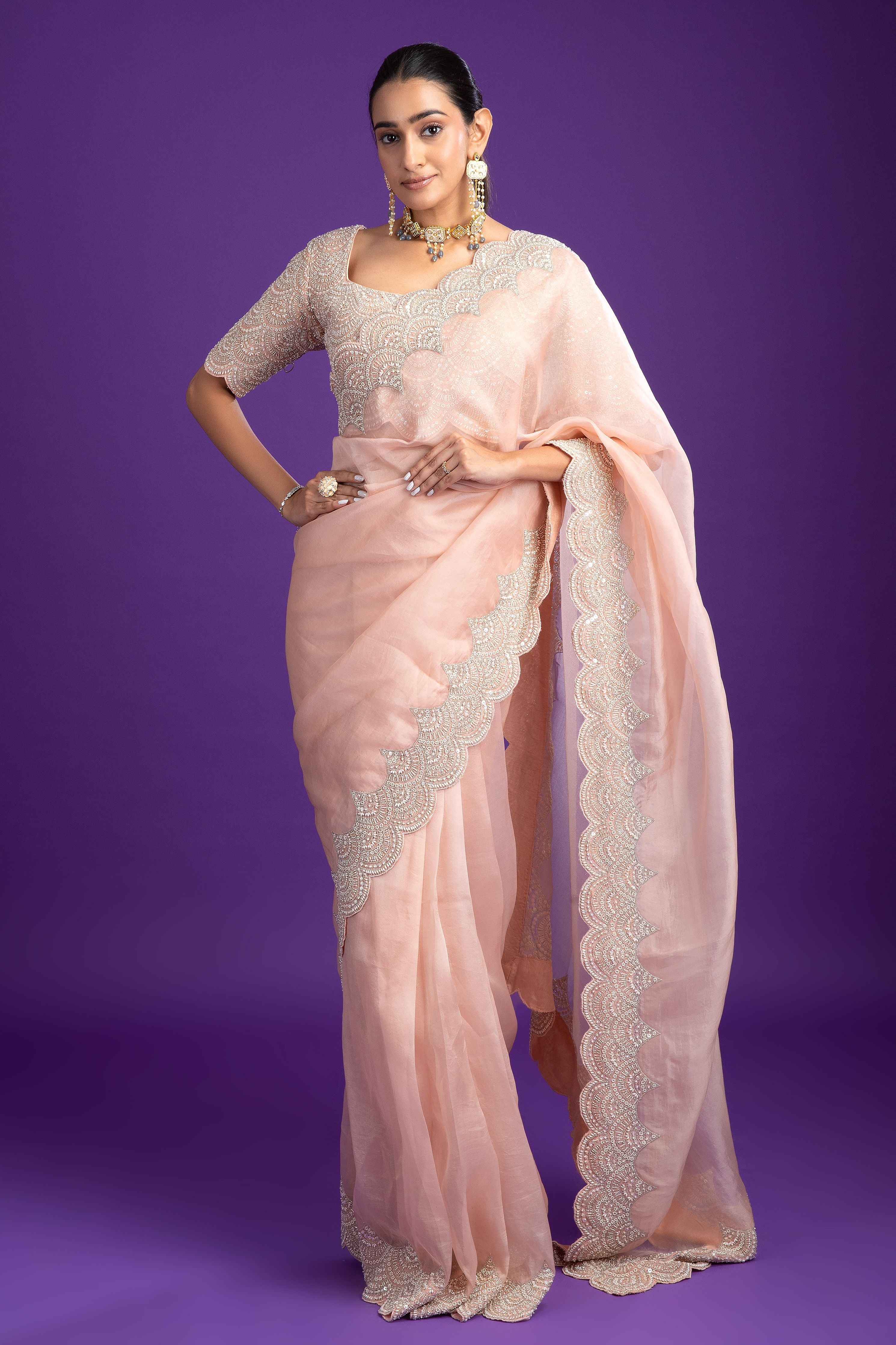 Soft Pink Organza Saree with Scalloped Embroidery - Mokshaa