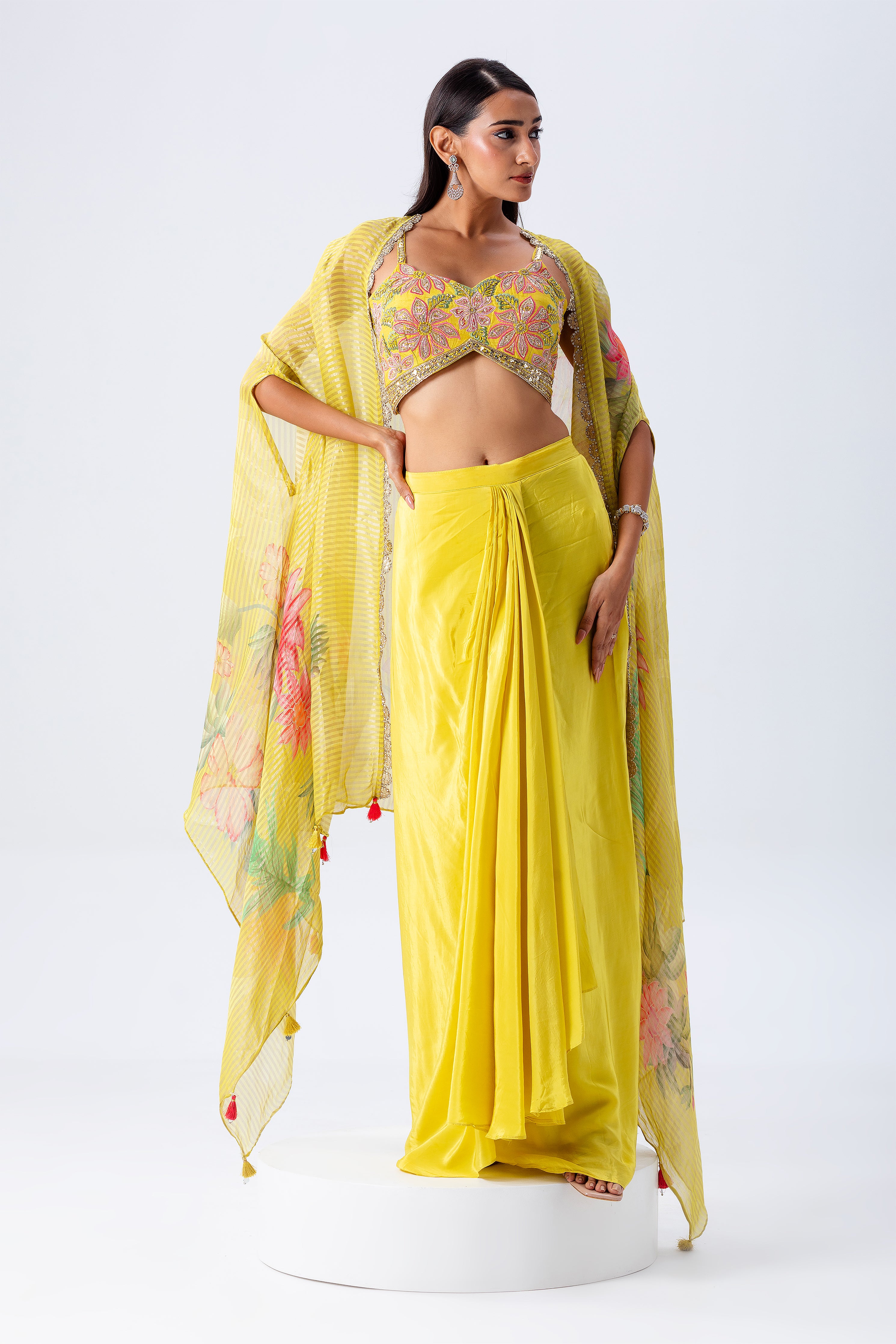 Yellow Cape Skirt Set - Mokshaa