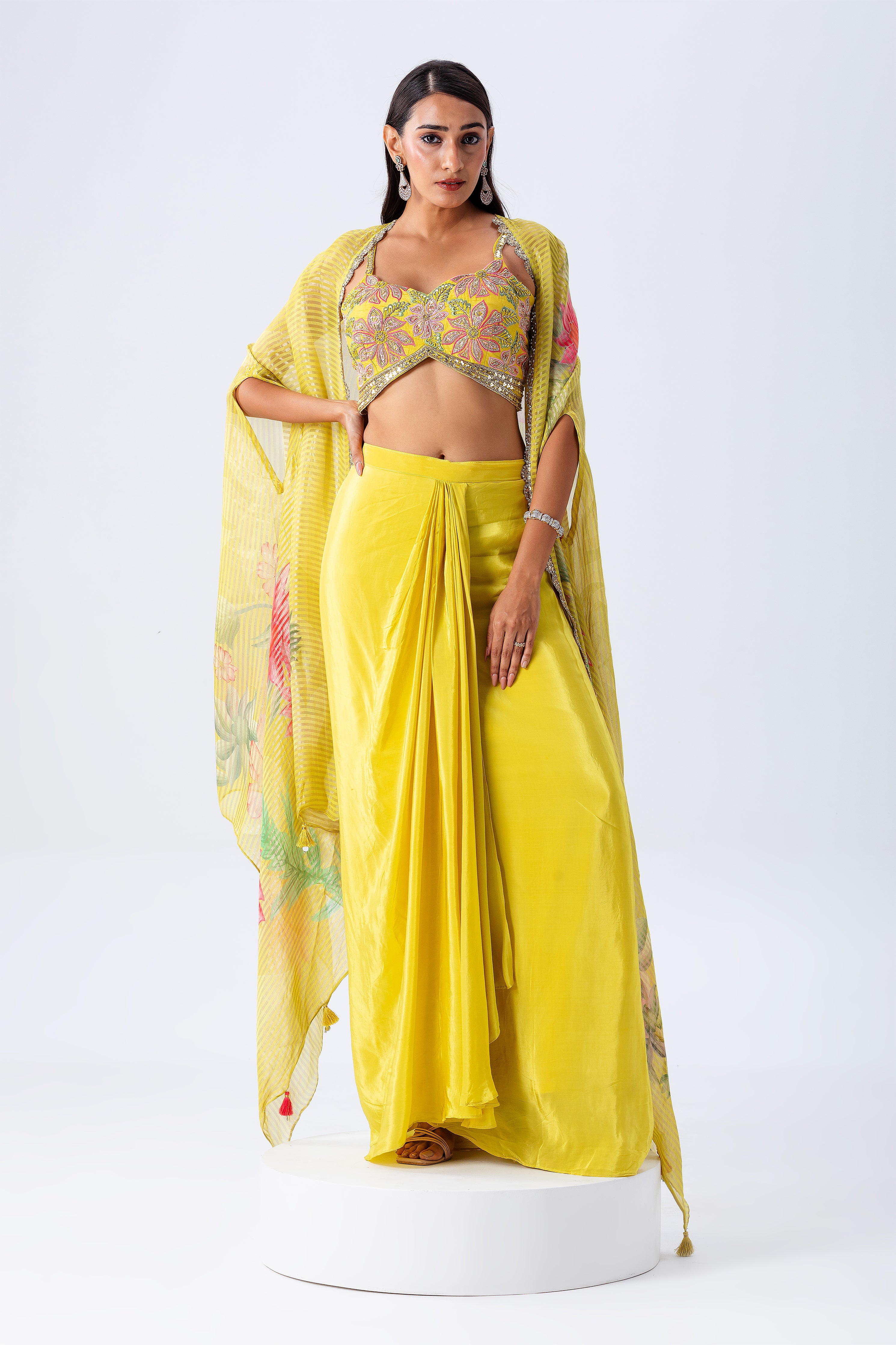 Yellow Cape Skirt Set - Mokshaa