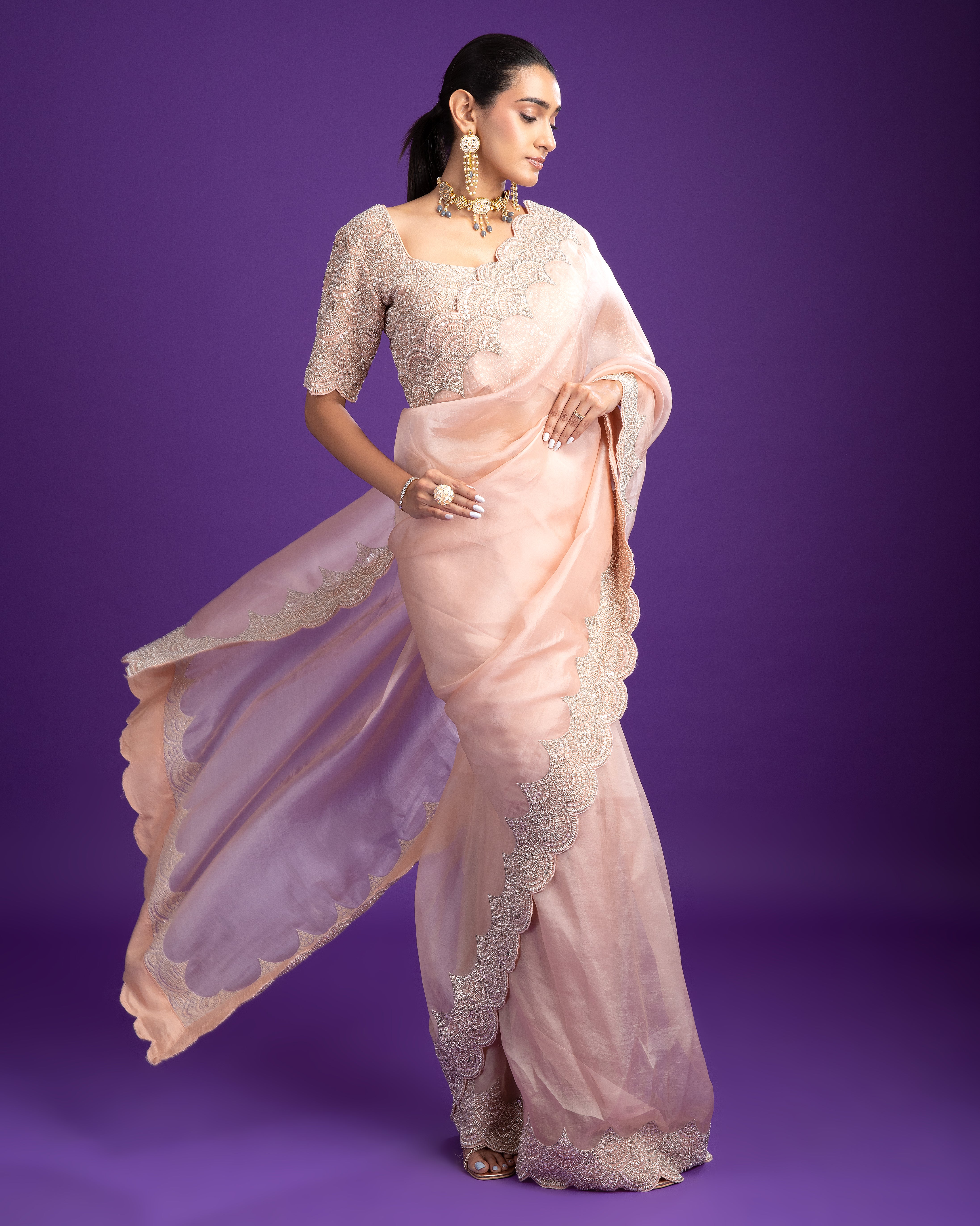 Soft Pink Organza Saree with Scalloped Embroidery - Mokshaa