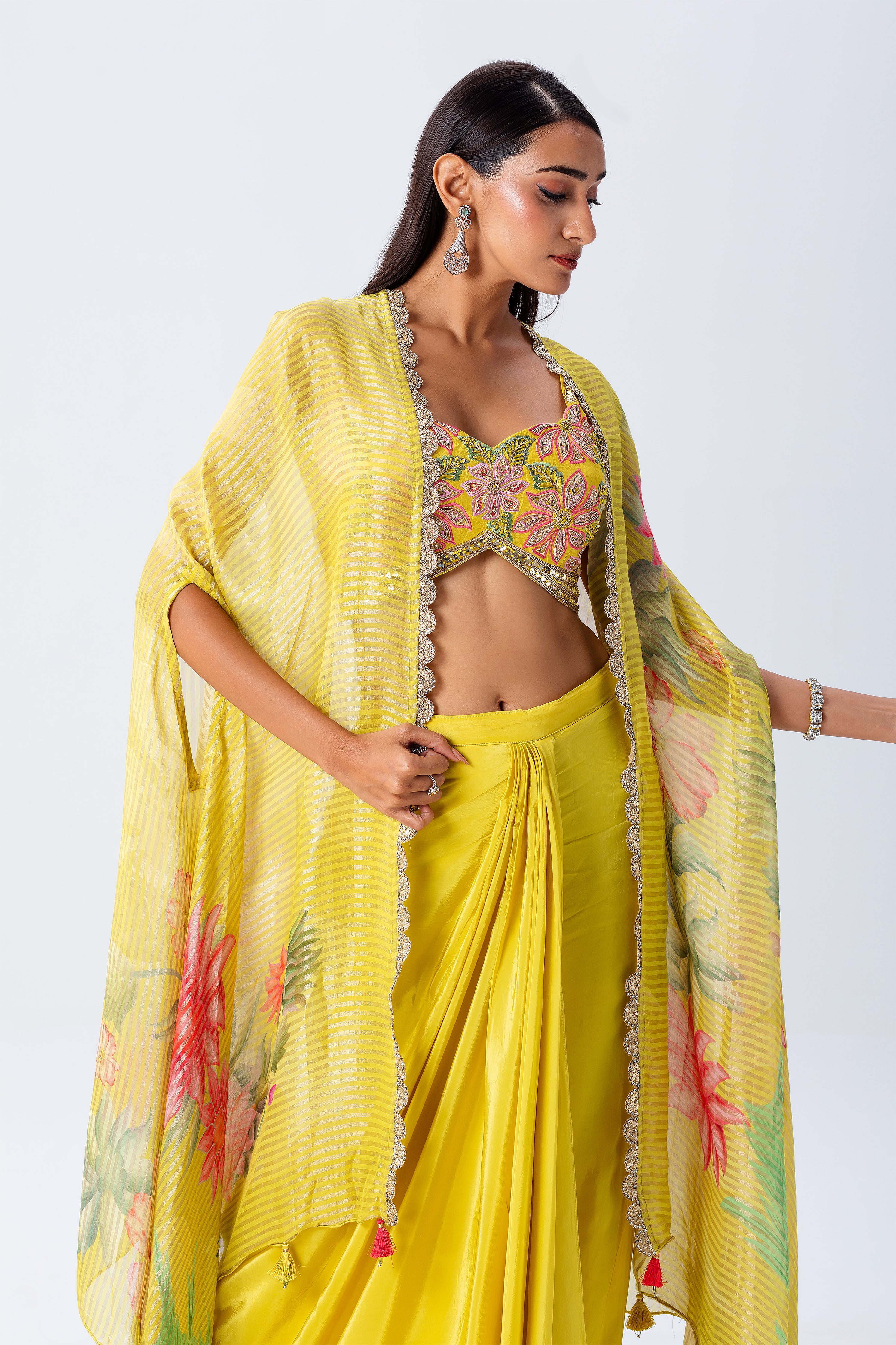 Yellow Cape Skirt Set - Mokshaa