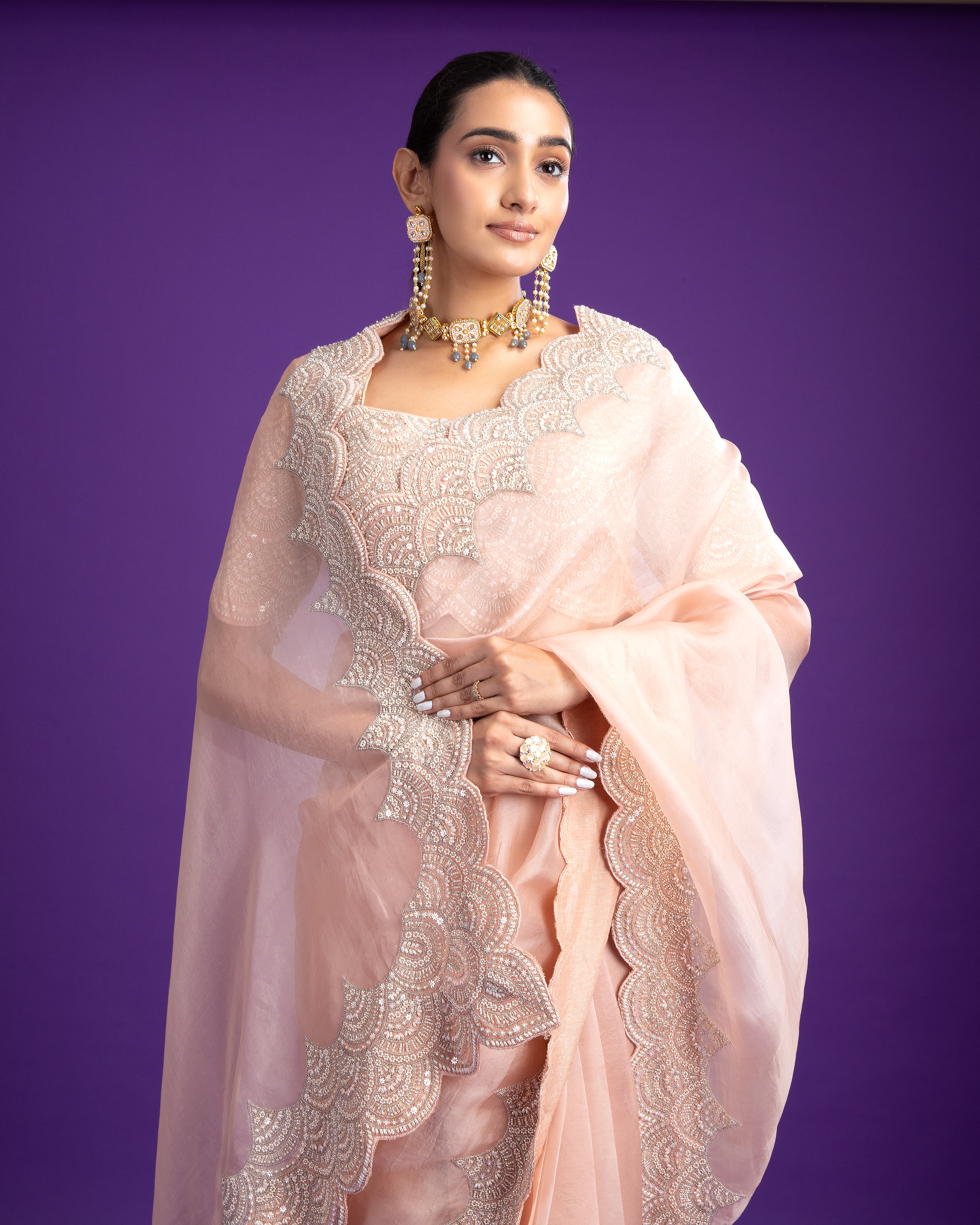 Soft Pink Organza Saree with Scalloped Embroidery - Mokshaa